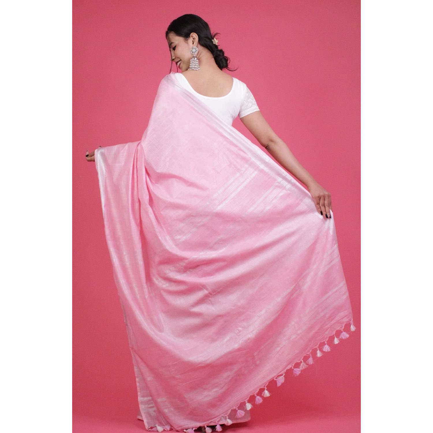 STB-SILK TEXTILES BHAGALPUR Womens Bhagalpuri Linen Saree With Blouse Piece (CTS-04_Pink)