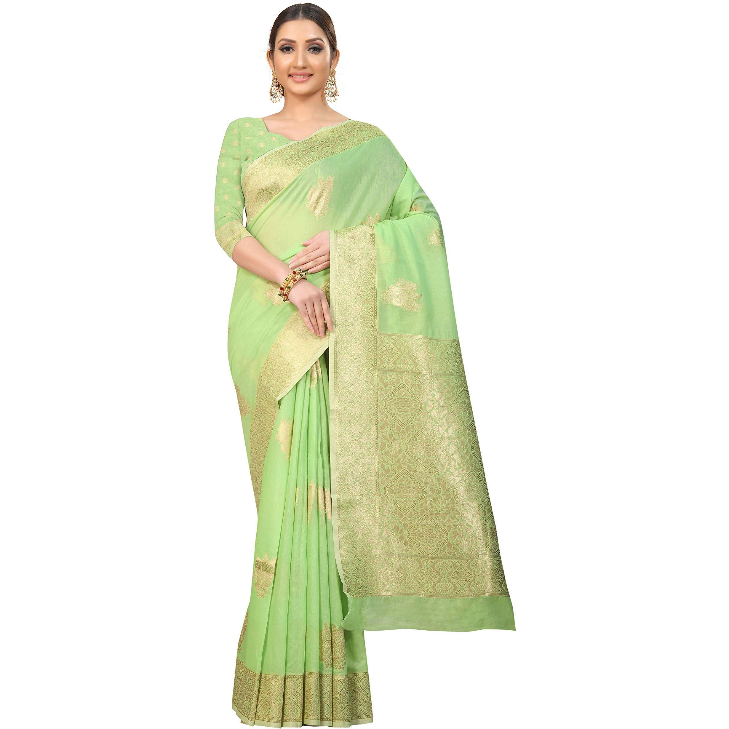 Enthone Womens Cotton Gold Zari Woven Thread Saree With Unstitched Blouse Piece(Green)