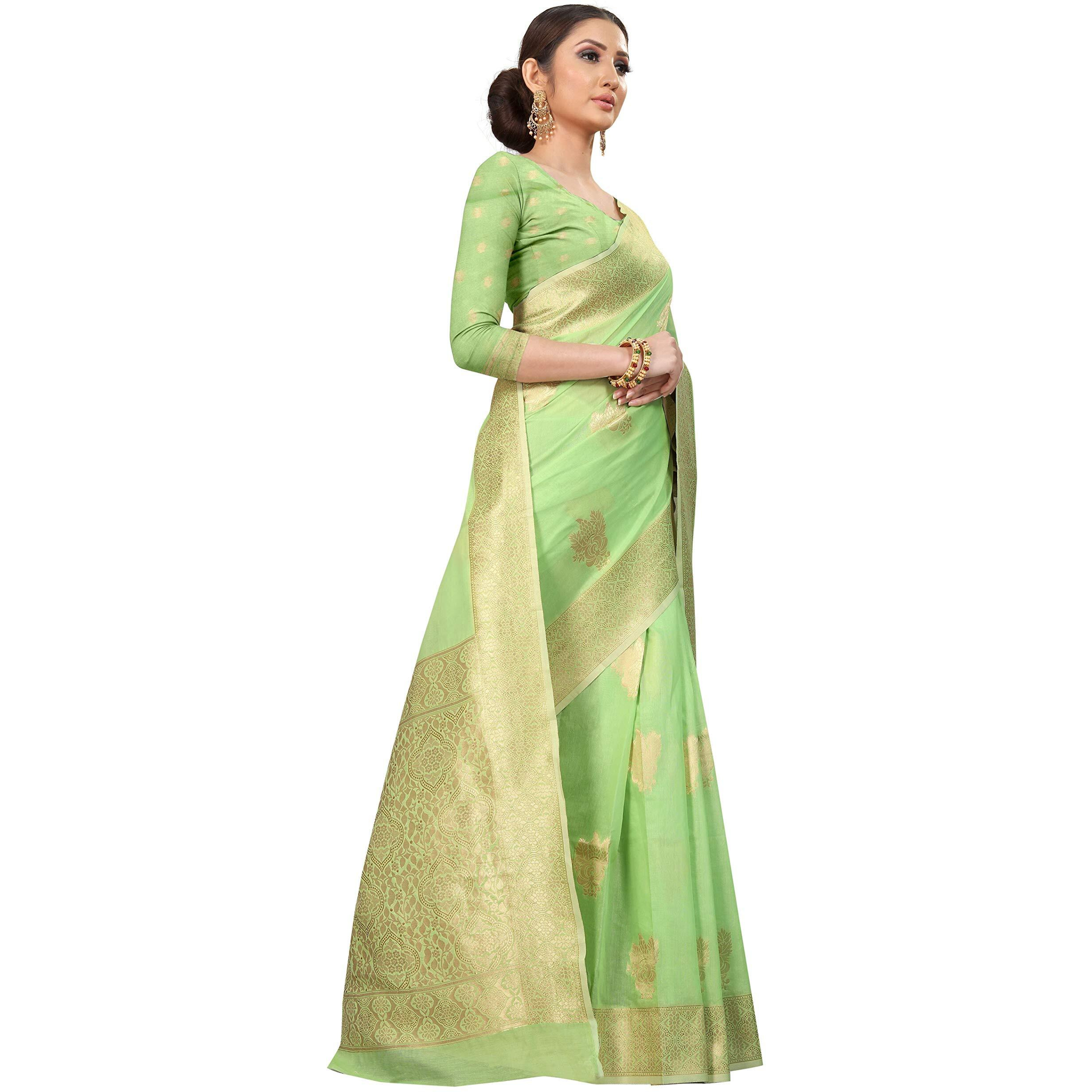 Enthone Womens Cotton Gold Zari Woven Thread Saree With Unstitched Blouse Piece(Green)