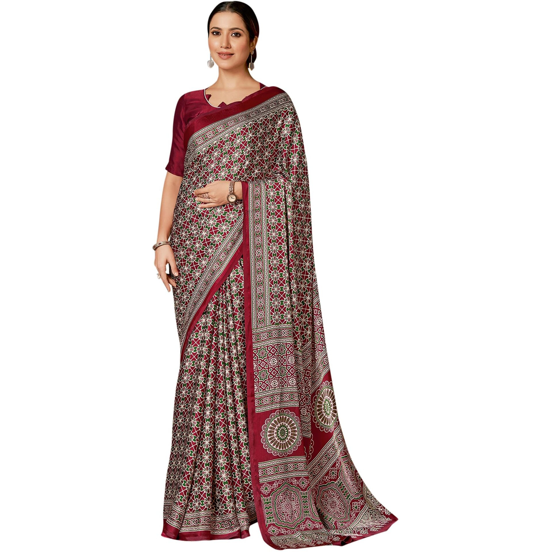 AKHILAM Womens Maroon Digital Print Crepe Saree With Unstitched Blouse Piece