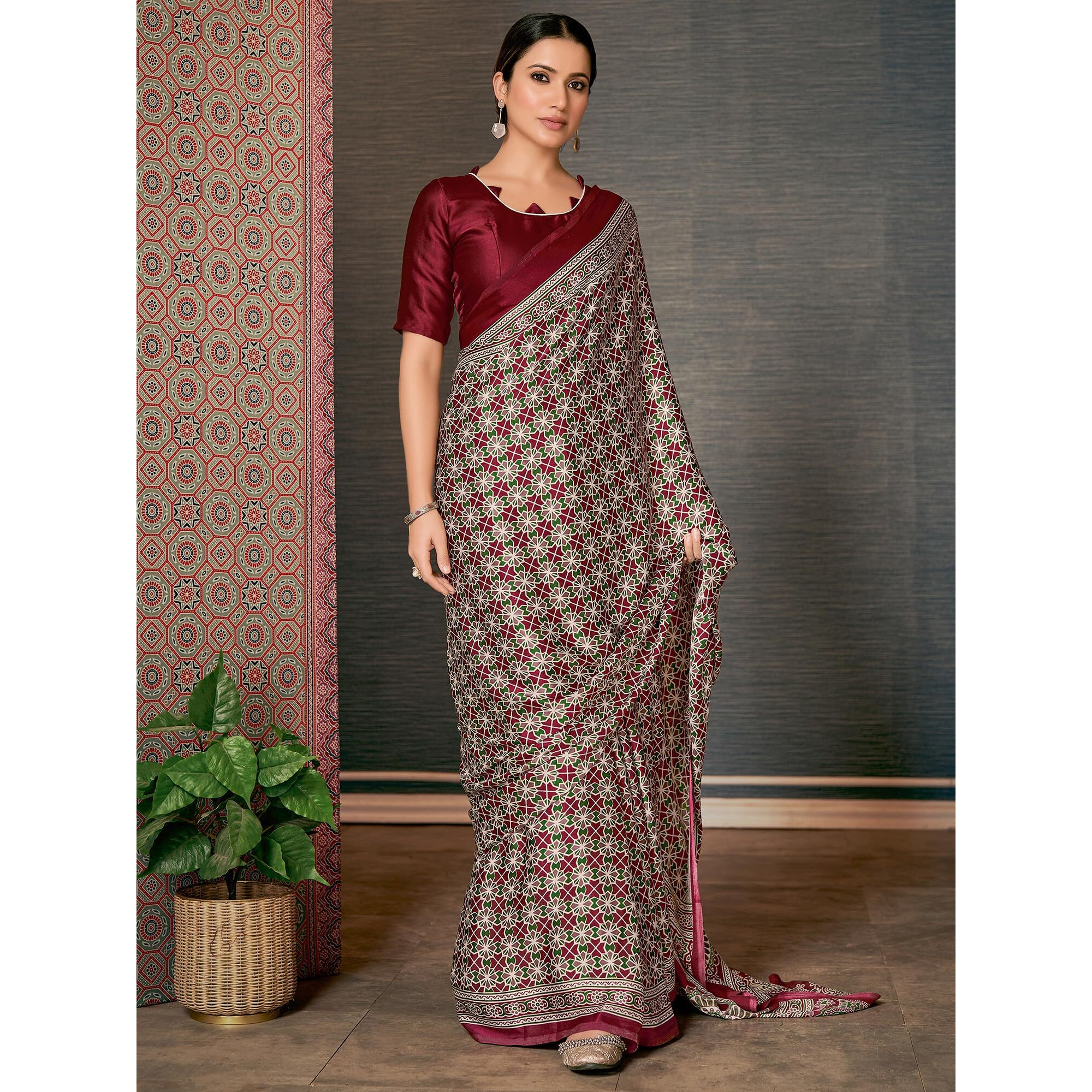 AKHILAM Womens Maroon Digital Print Crepe Saree With Unstitched Blouse Piece