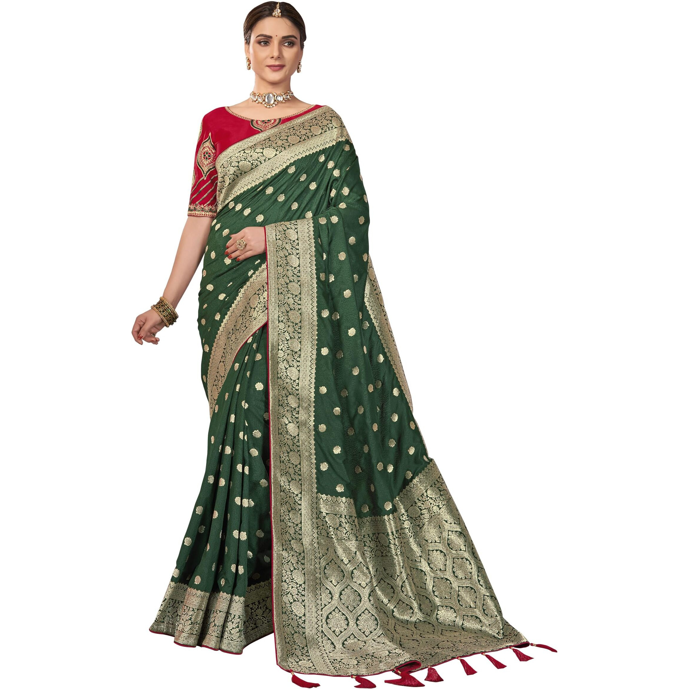 MANOHARI Banarasi Silk Woven Saree With Heavy Embroidery Blouse Piece_Mn1902 - Women, Green