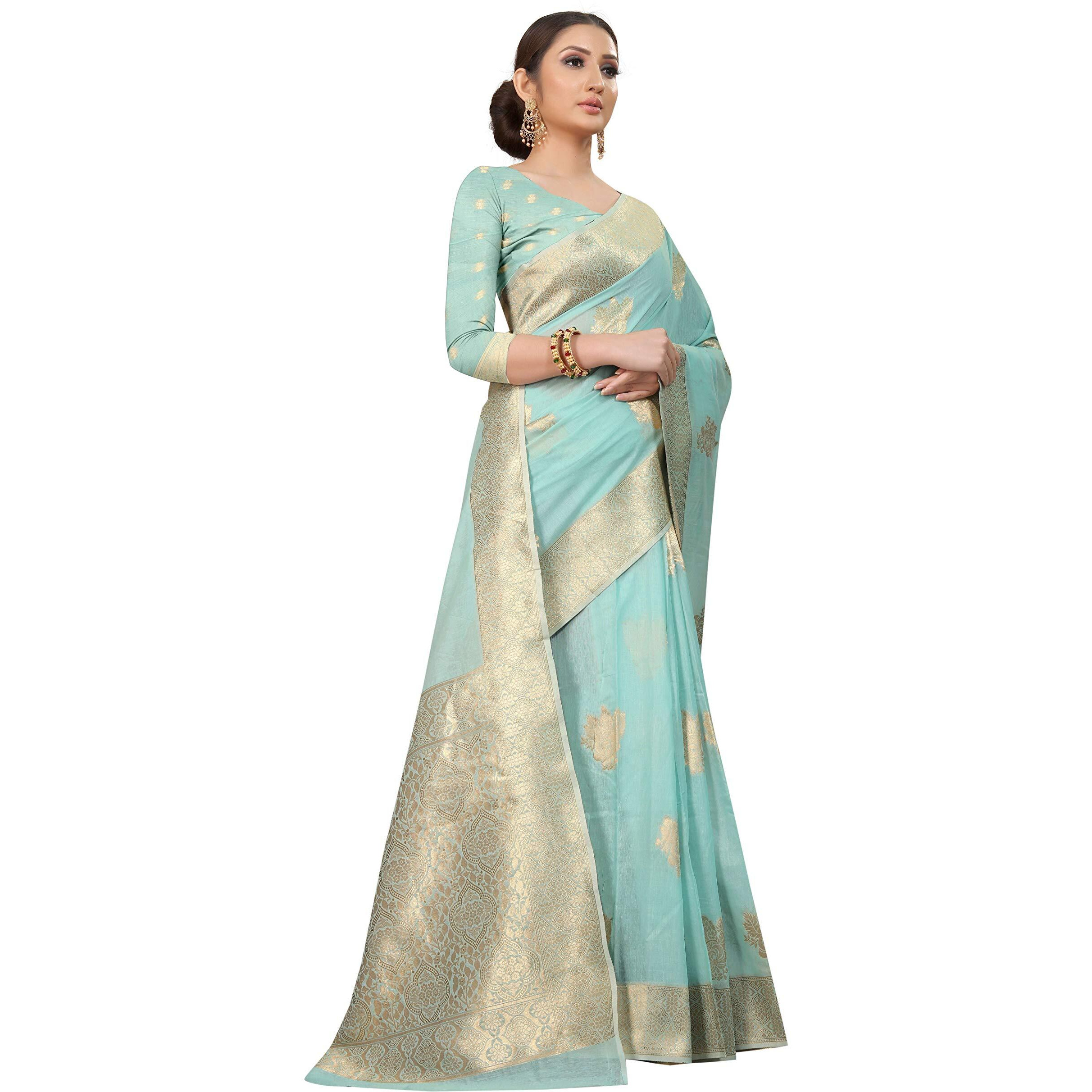 Enthone Womens Cotton Gold Zari Woven Thread Saree With Unstitched Blouse Piece(Blue)