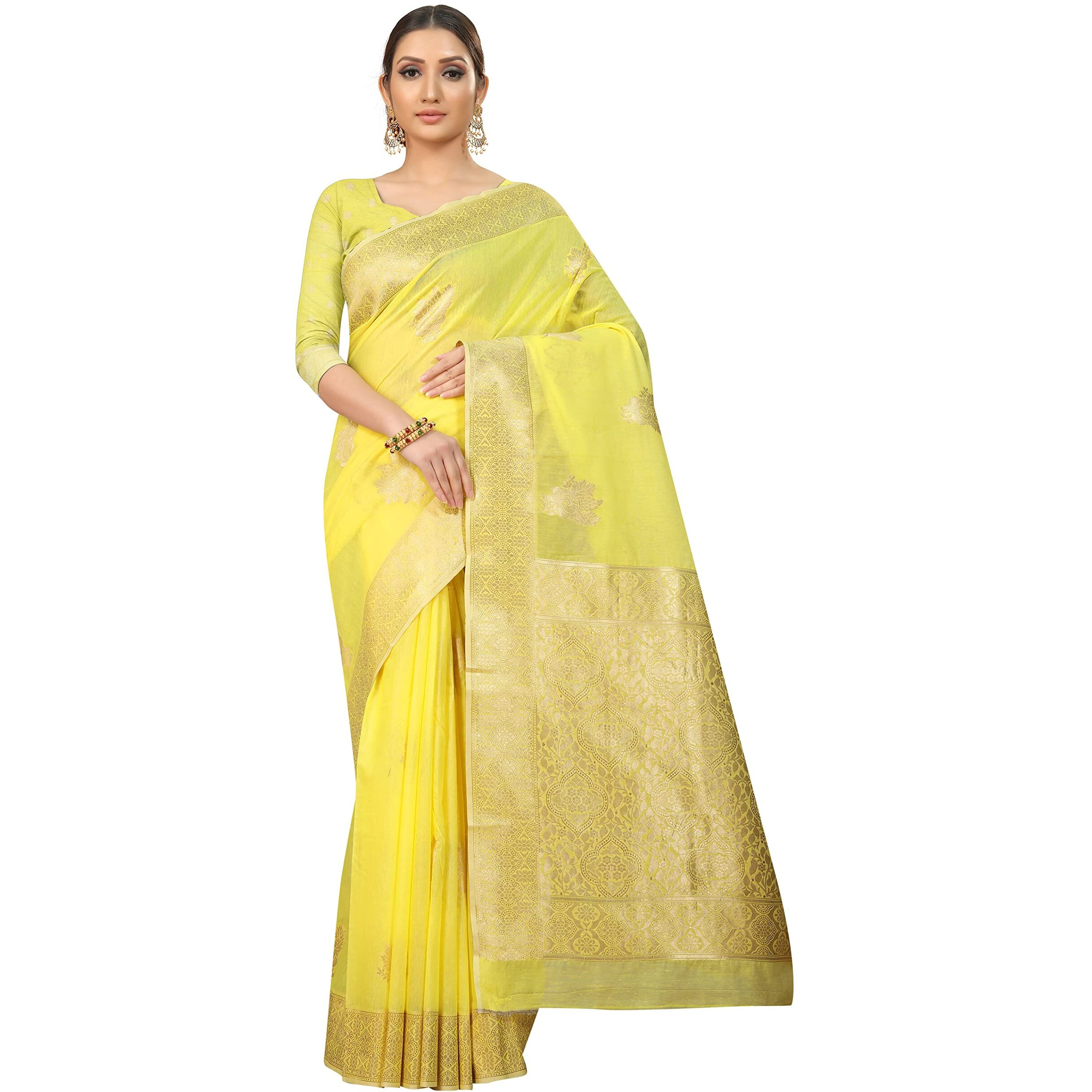 Enthone Womens Cotton Gold Zari Woven Thread Saree With Unstitched Blouse Piece(Yellow)