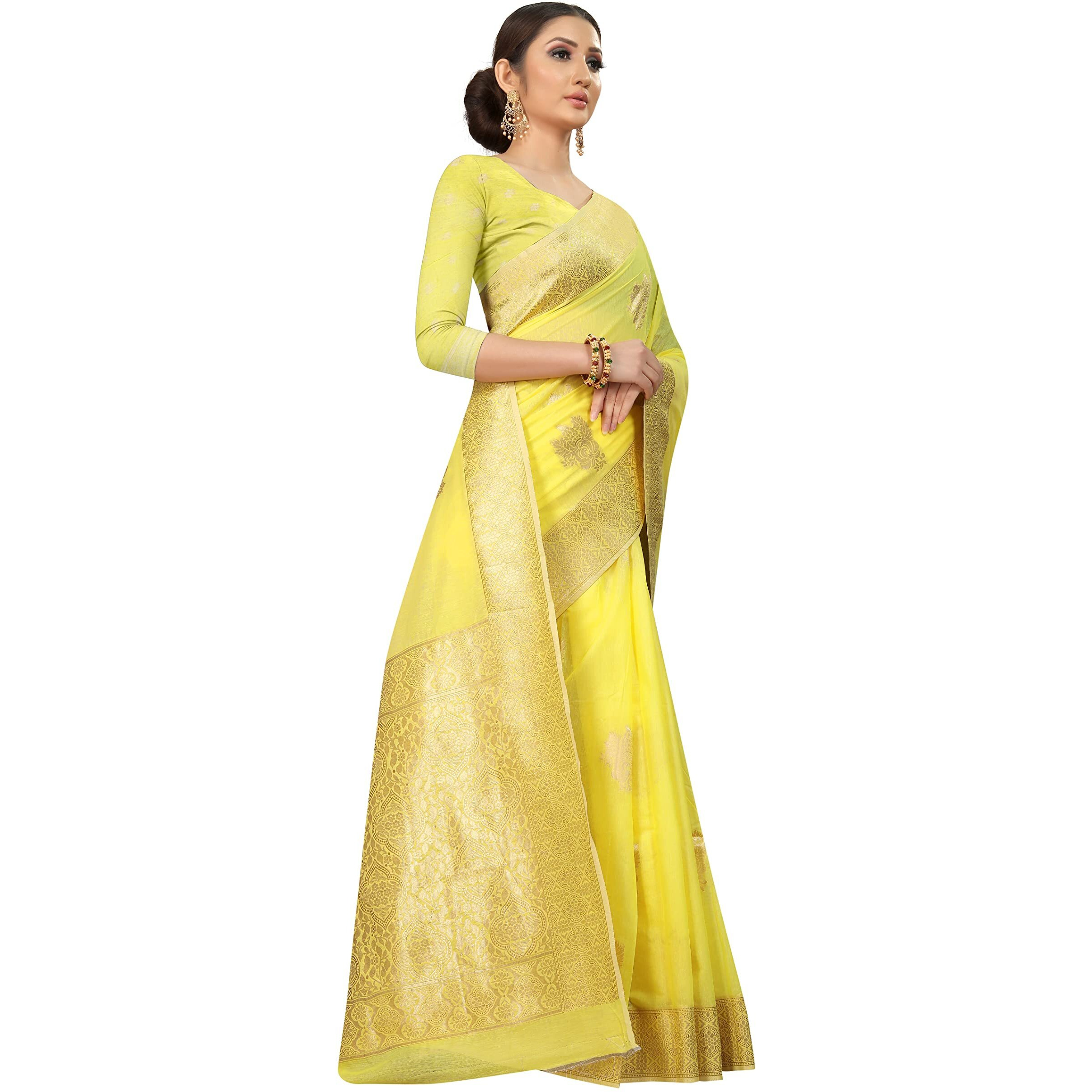 Enthone Womens Cotton Gold Zari Woven Thread Saree With Unstitched Blouse Piece(Yellow)