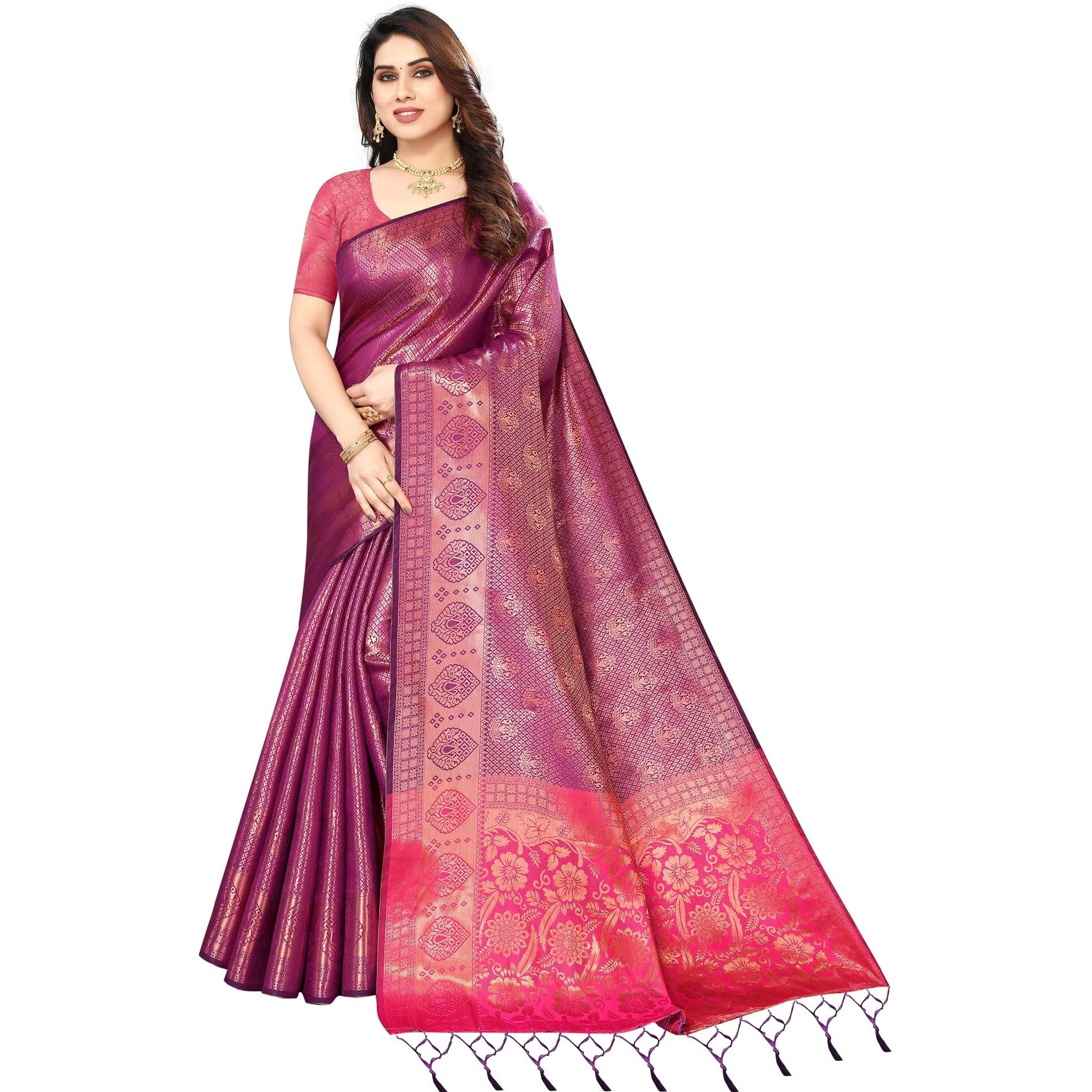 iZibra Silk Saree for Women Wear Kanjivaram Fabric Soft Kanchipuram Pattu Banarasi Sari Original Pure Wedding Sadi Sari with Unstitched Blouse Piece Ladies 2023 (Magenta)