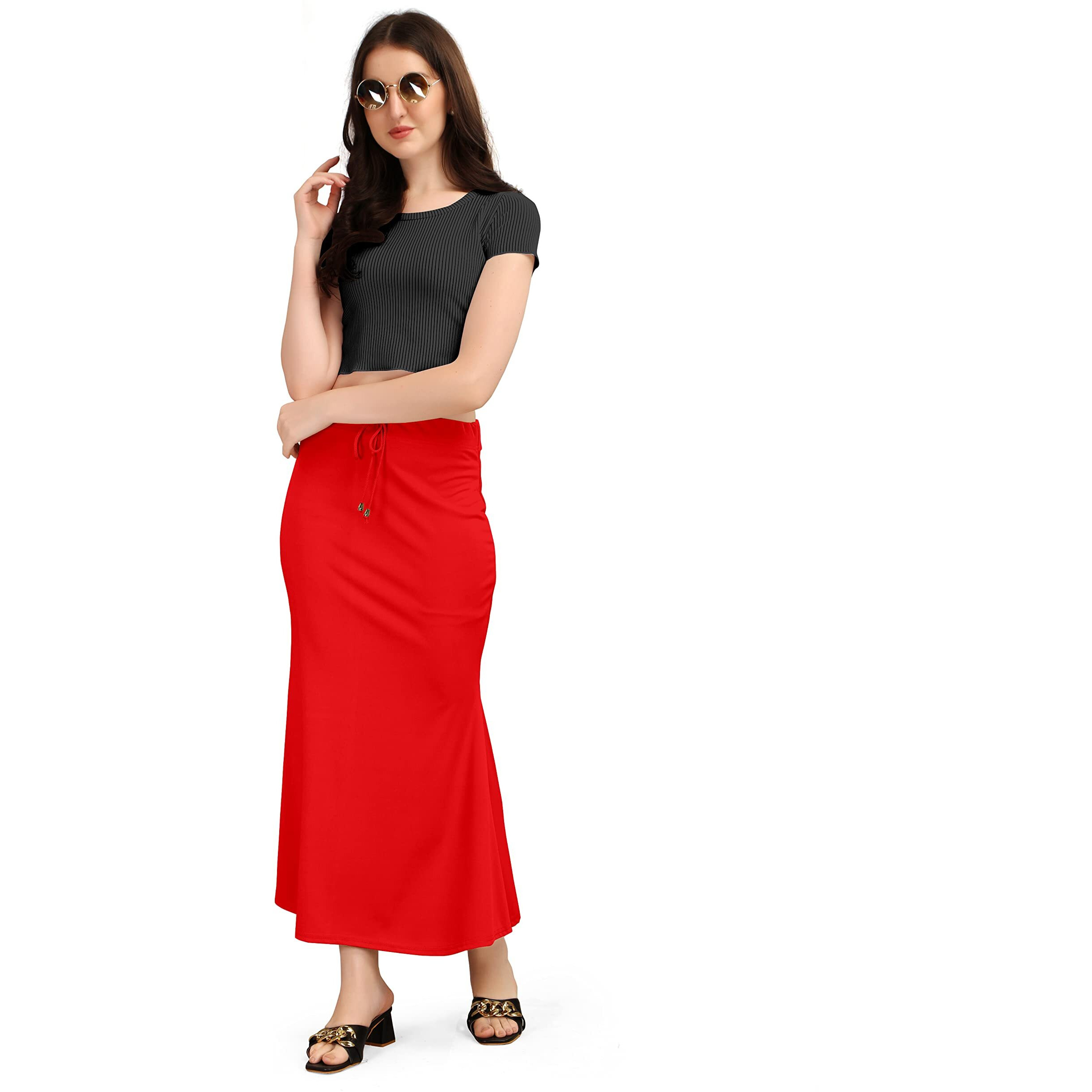 Kipzy Lycra Saree Shapewear, Long Skirt for Women for Beach, Night Out, Regular, Office, Party (Red, 2XL)