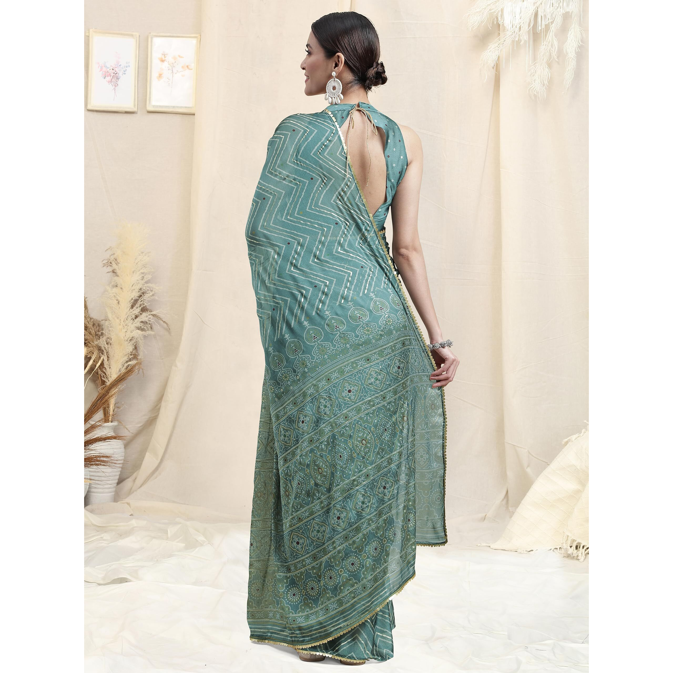 MIRCHI FASHION Womens Chiffon Foil Ethnic Motif Chevron Printed Saree with Blouse Piece (38993-Grey)