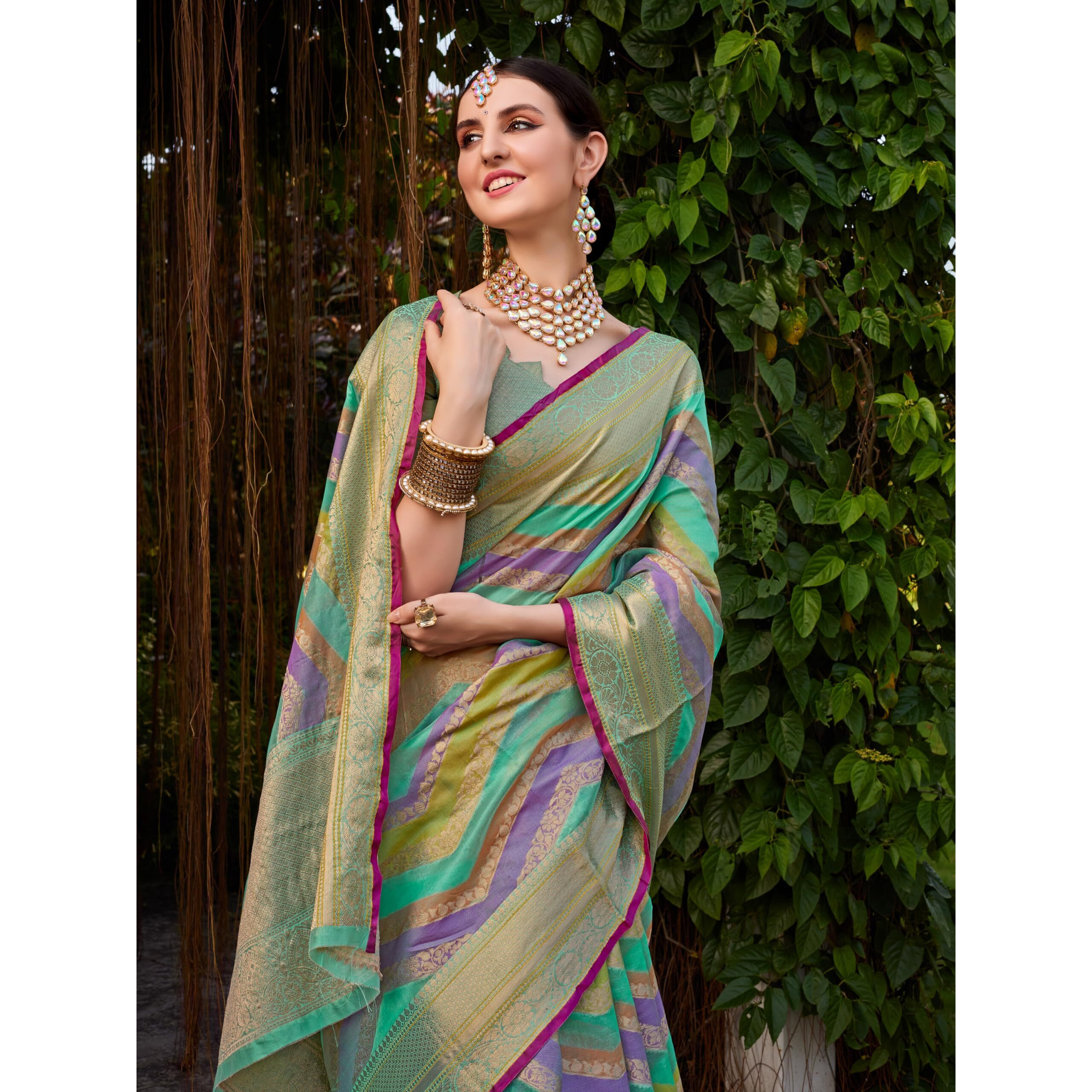 EthnicJunction Womens Blue Silk Blend Woven Saree With Blouse Piece