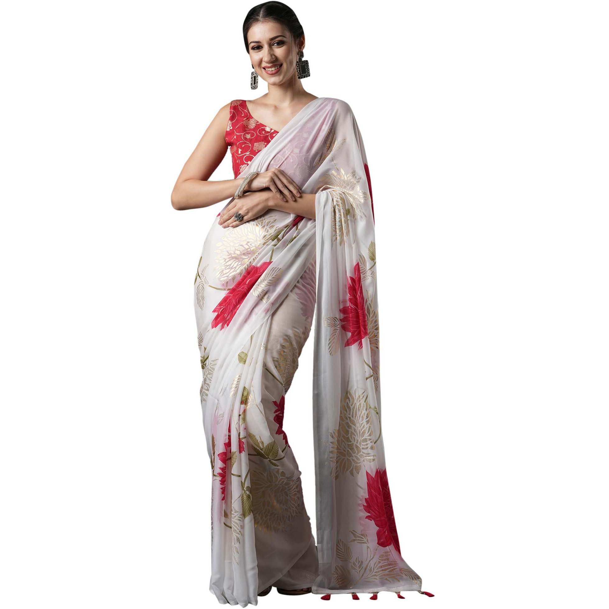 AKHILAM Womens Georgette Floral Printed Saree With Unstitched Blouse Piece(White_DIPIKA104_SU)