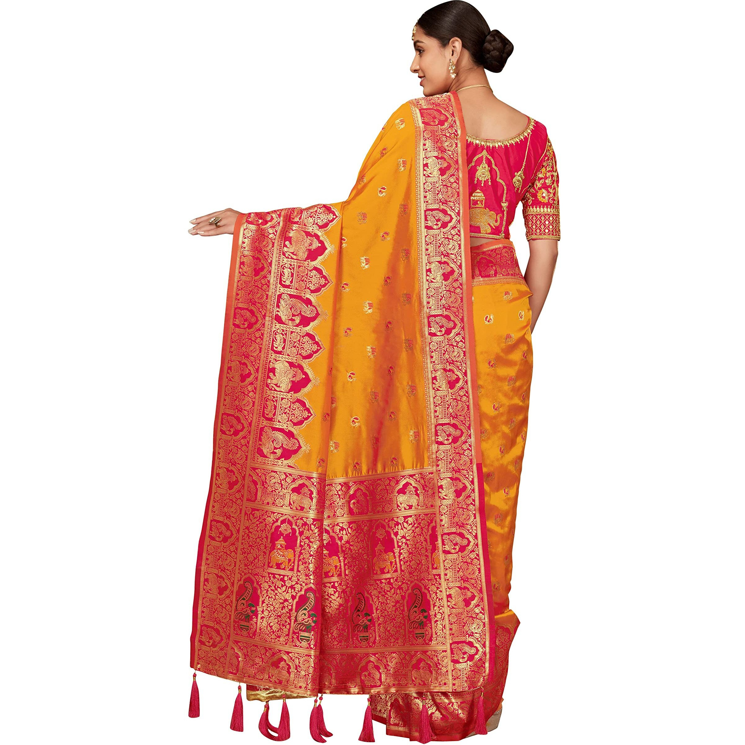 MANOHARI Womens Traditional Jacquard Work Yellow Banarasi Silk Woven Pattern Most Trendy Saree with Unstitch Blouse Piece