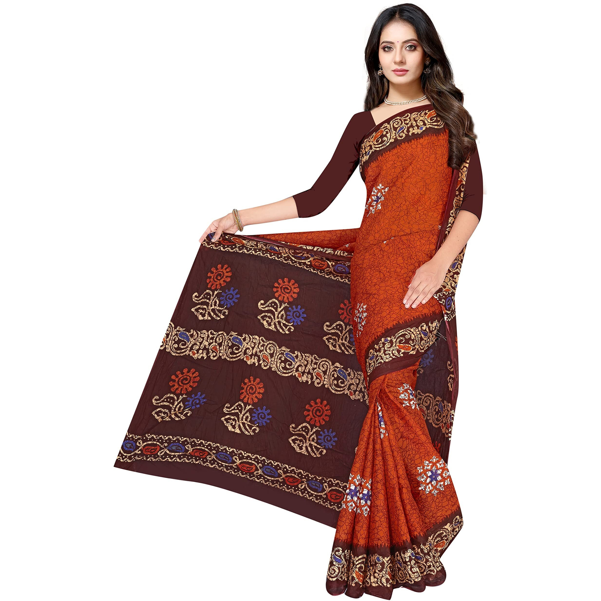 TAMAIRA FASHION Womens Plain Weave Pure Cotton Saree Without Blouse Piece(AB36_RustBrown)