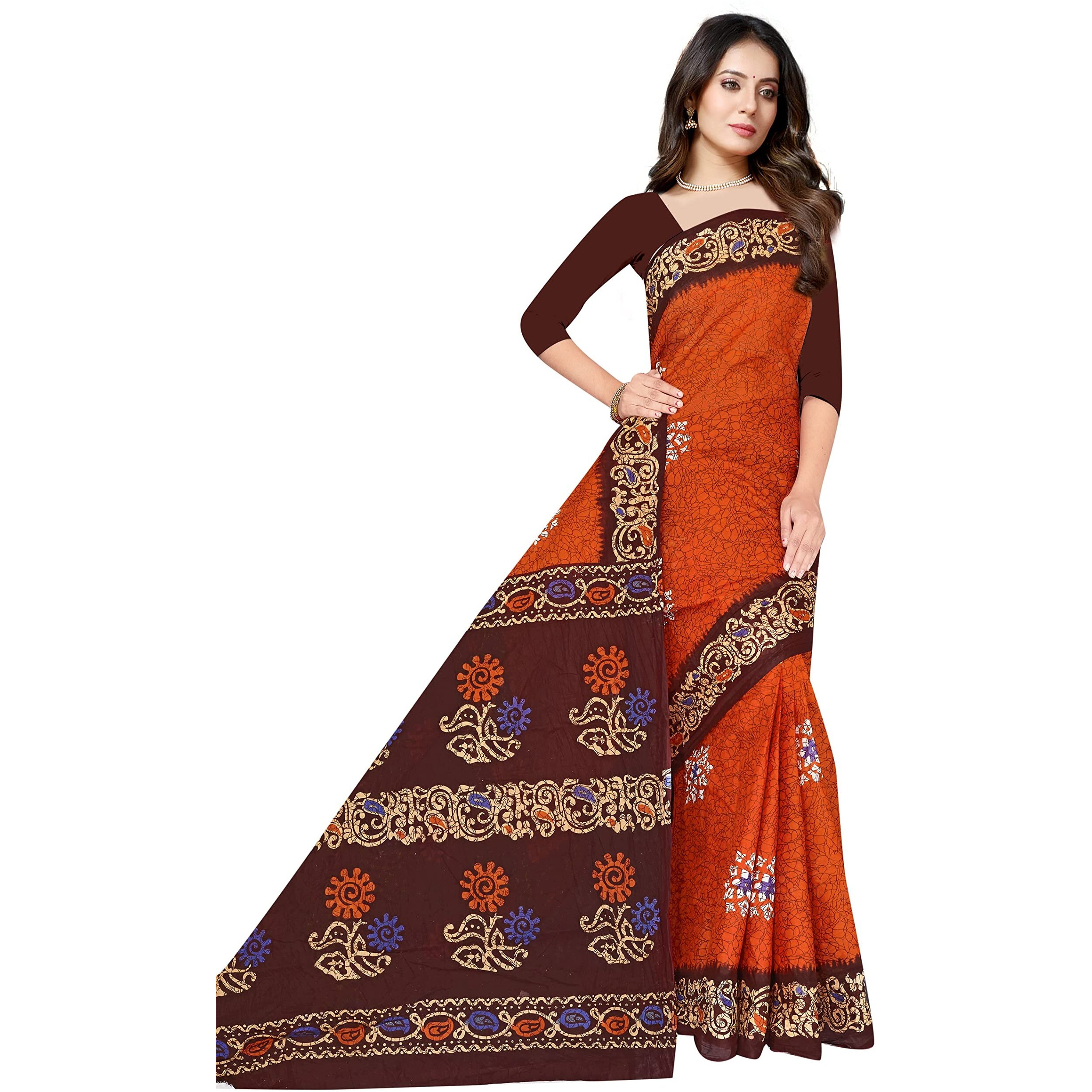 TAMAIRA FASHION Womens Plain Weave Pure Cotton Saree Without Blouse Piece(AB36_RustBrown)