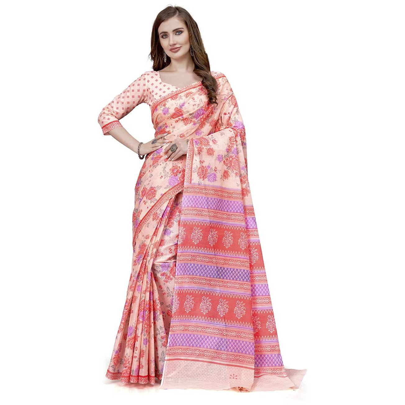 RATAN Pure Cotton Printed Mulmul Saree for Women with Blouse Piece (FBR-BP-3666_Peach)