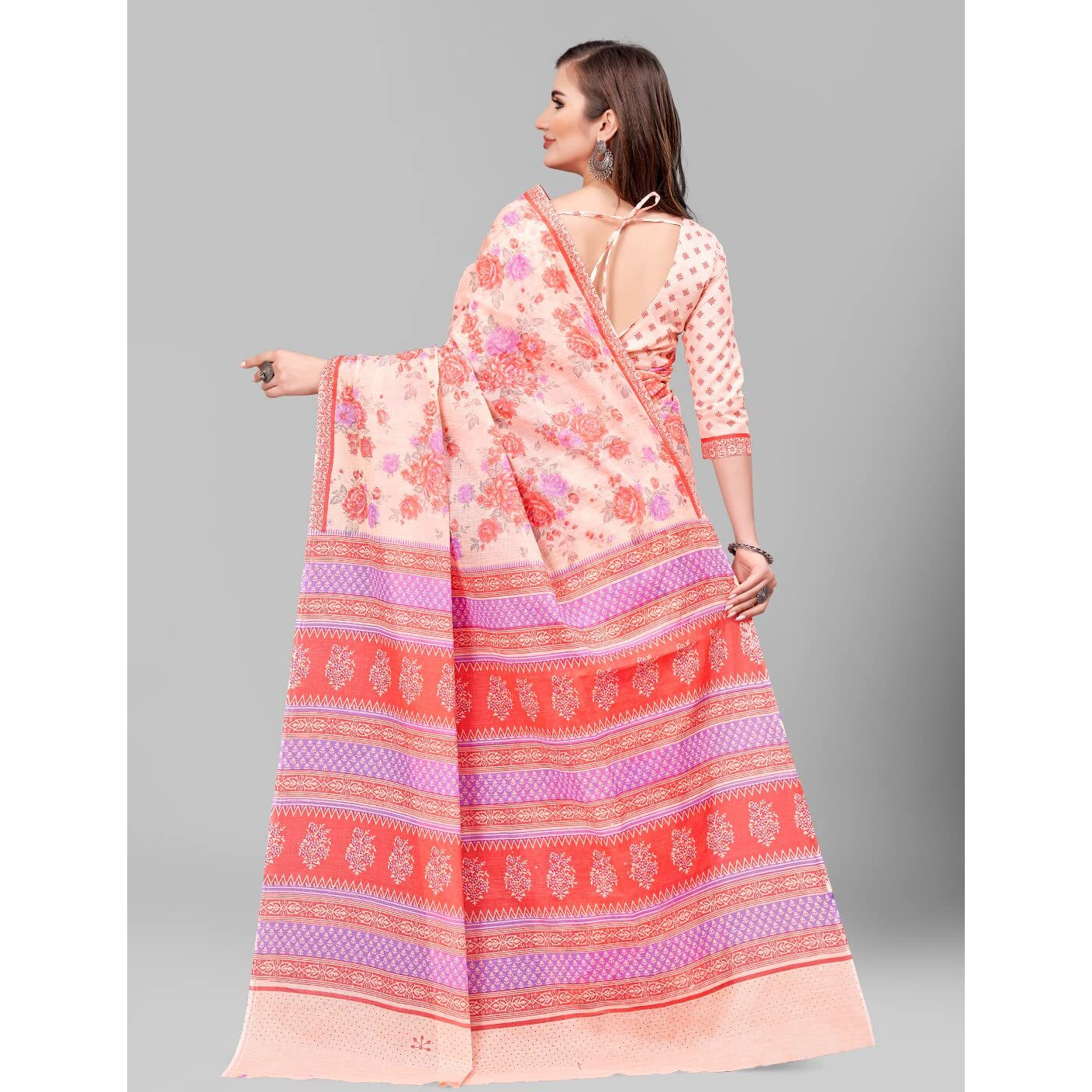 RATAN Pure Cotton Printed Mulmul Saree for Women with Blouse Piece (FBR-BP-3666_Peach)