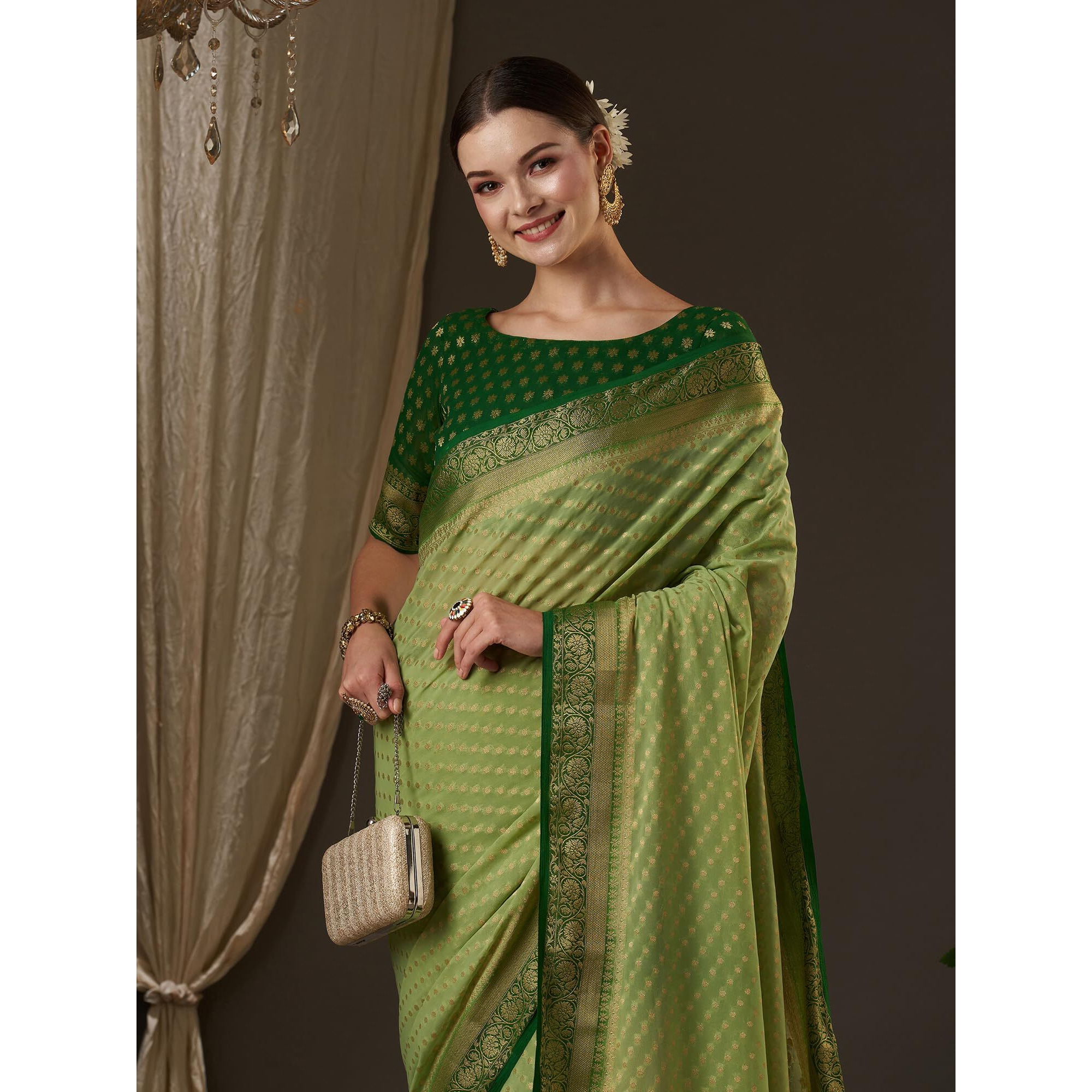 AKHILAM Womens Woven Design Ethnic Motif Georgette Saree With Unstiched Blouse Piece, Light Green