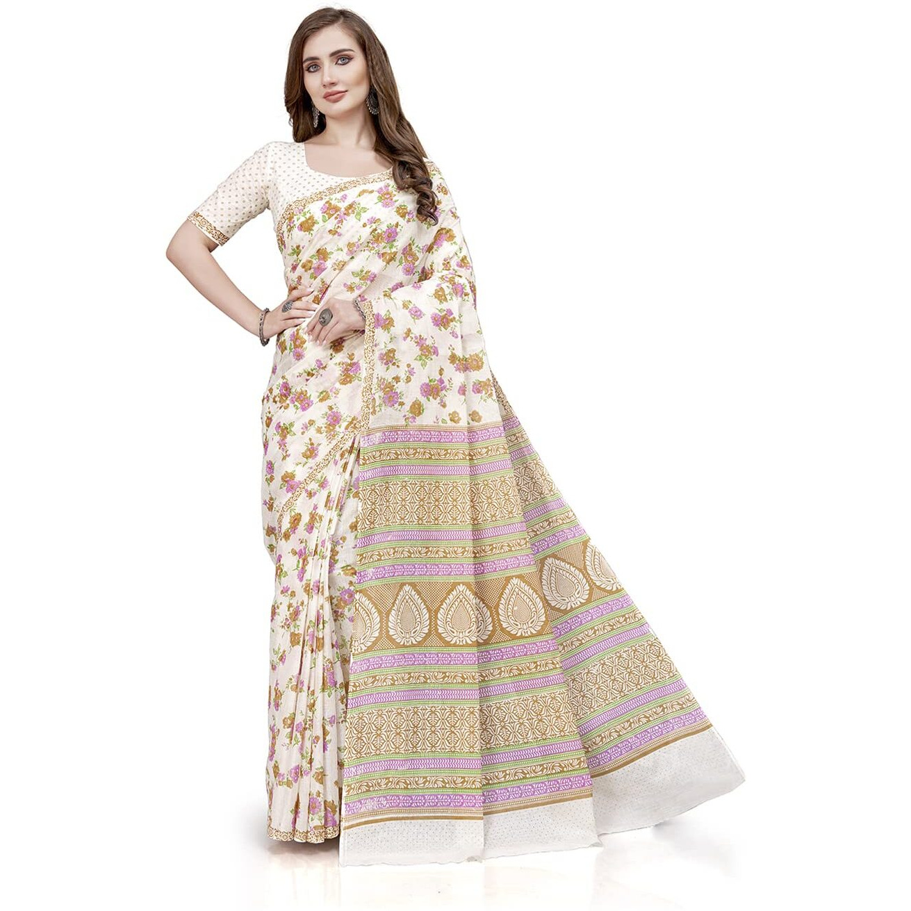 RATAN Pure Cotton Printed Mulmul Saree for Women with Blouse Piece (FBR-BP-3664_Cream)