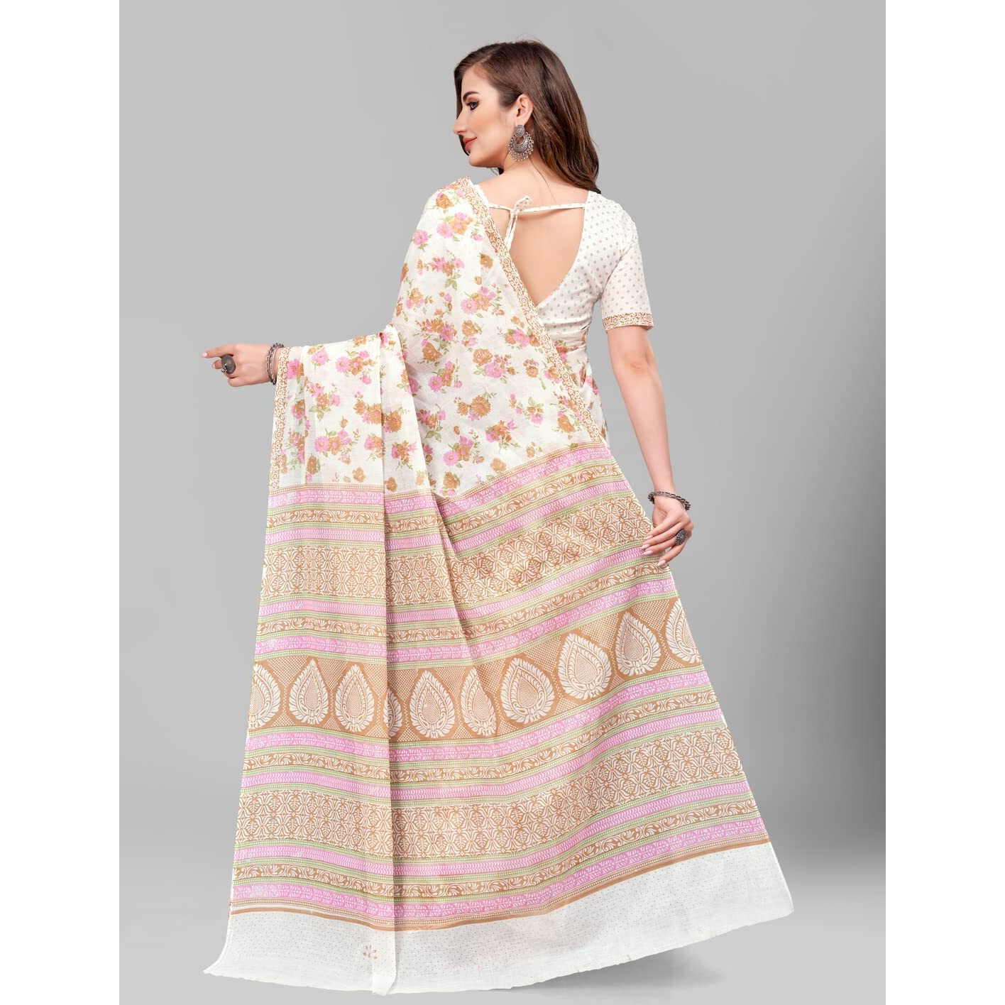 RATAN Pure Cotton Printed Mulmul Saree for Women with Blouse Piece (FBR-BP-3664_Cream)