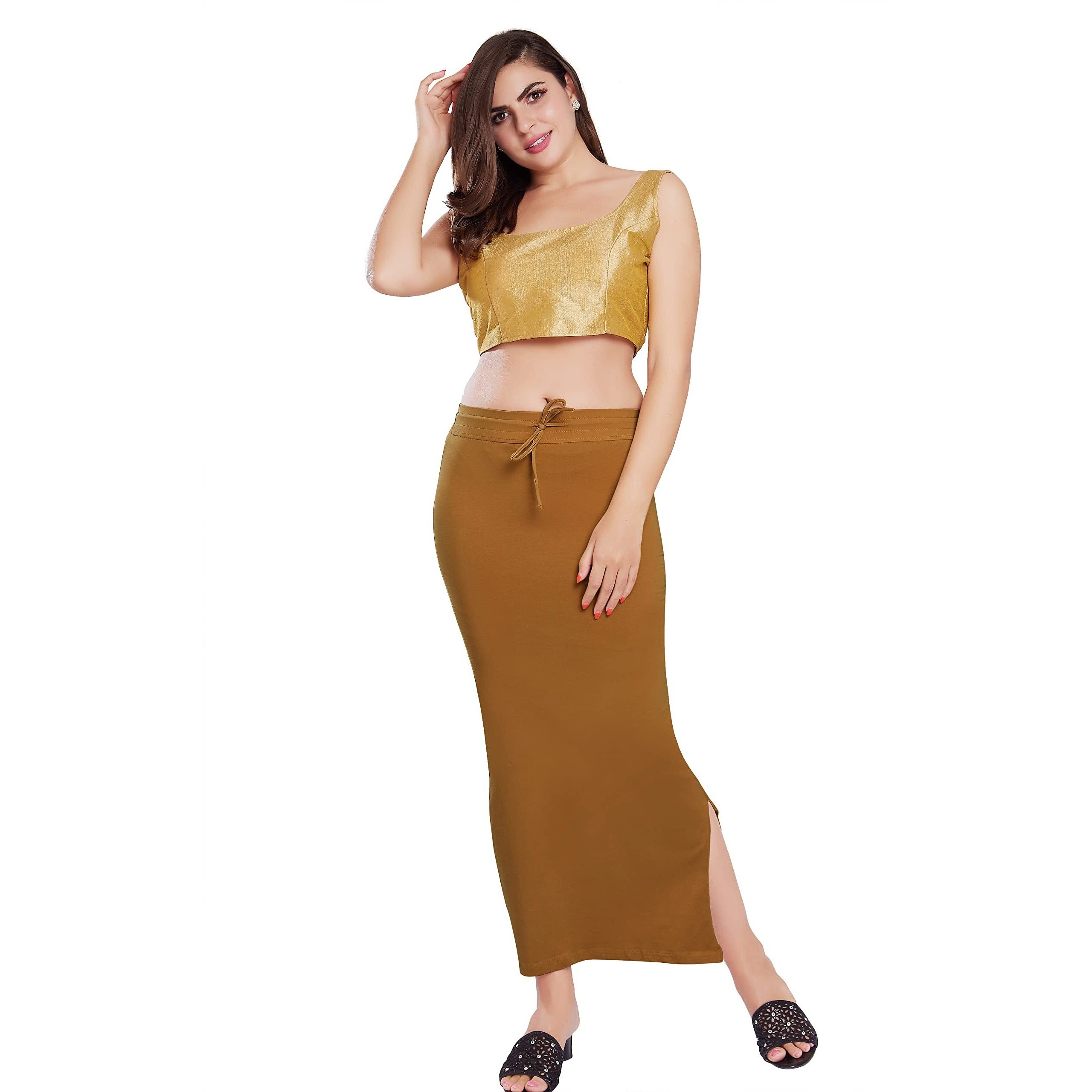 RANI SAAHIBA Womens Stretchy Slim Fishcut Petticoat Cotton Saree Shapewear(SHP31_L/XL_Caramel)