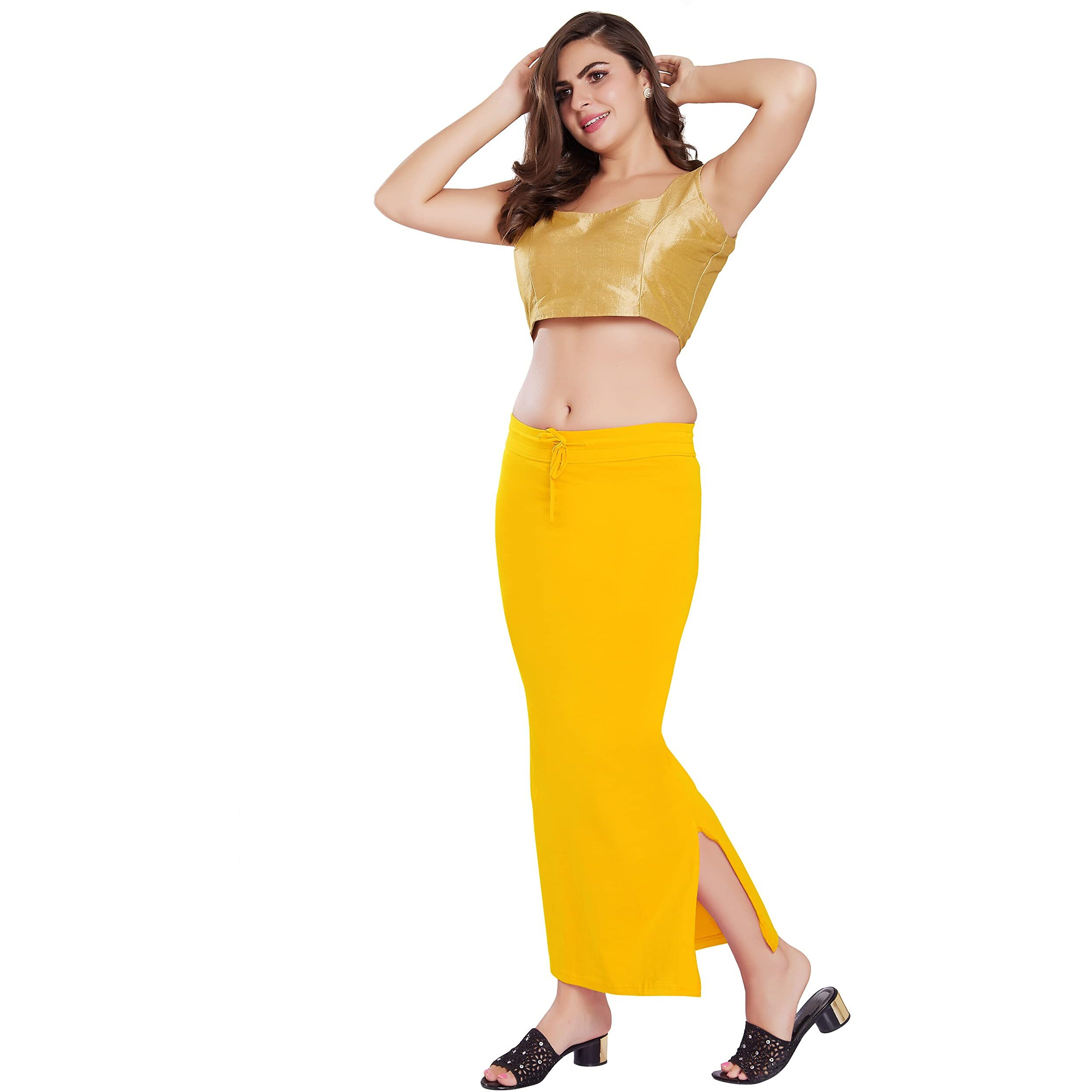 RANI SAAHIBA Womens Stretchy Slim Fishcut Petticoat Cotton Saree Shapewear(SHP48_L/XL_Lemon Yellow)