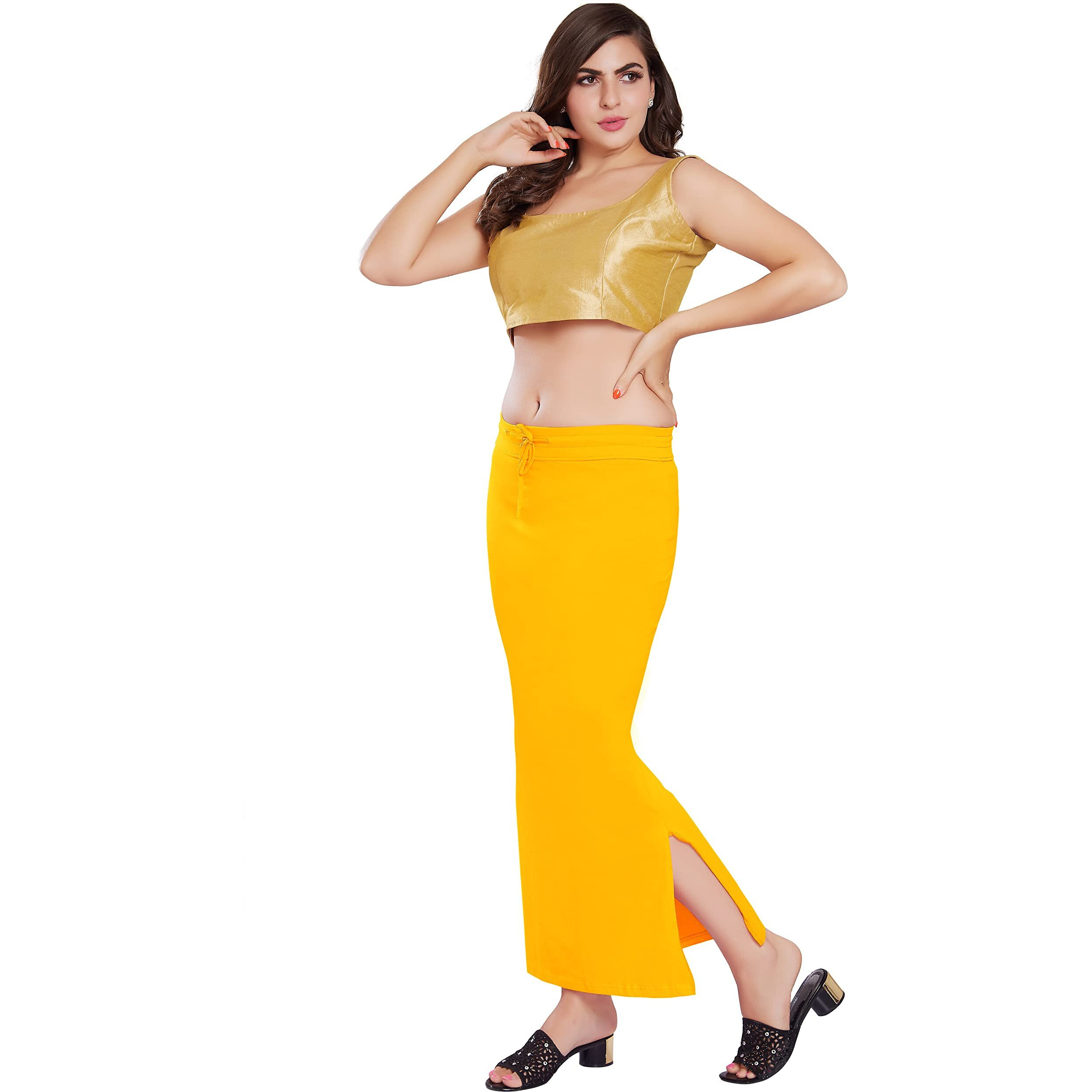 RANI SAAHIBA Womens Stretchy Slim Fishcut Petticoat Cotton Saree Shapewear(SHP48_L/XL_Lemon Yellow)