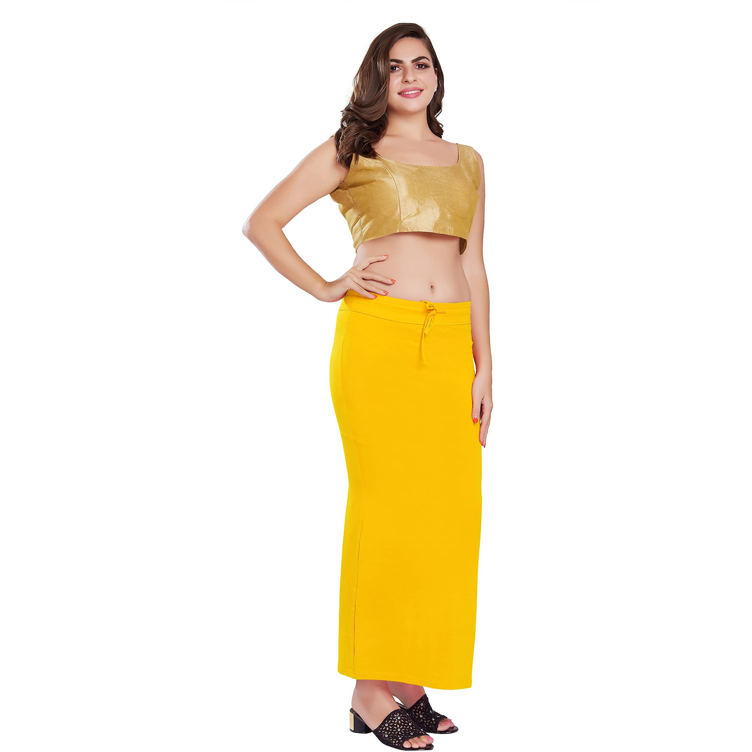 RANI SAAHIBA Womens Stretchy Slim Fishcut Petticoat Cotton Saree Shapewear(SHP48_L/XL_Lemon Yellow)