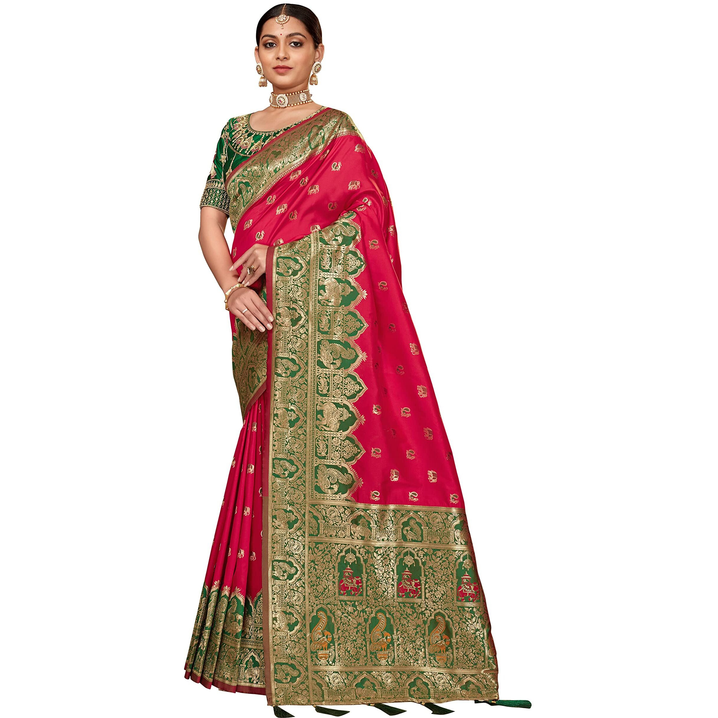 MANOHARI Womens Woven Silk Blend Designer Saree (MN1377_Pink)