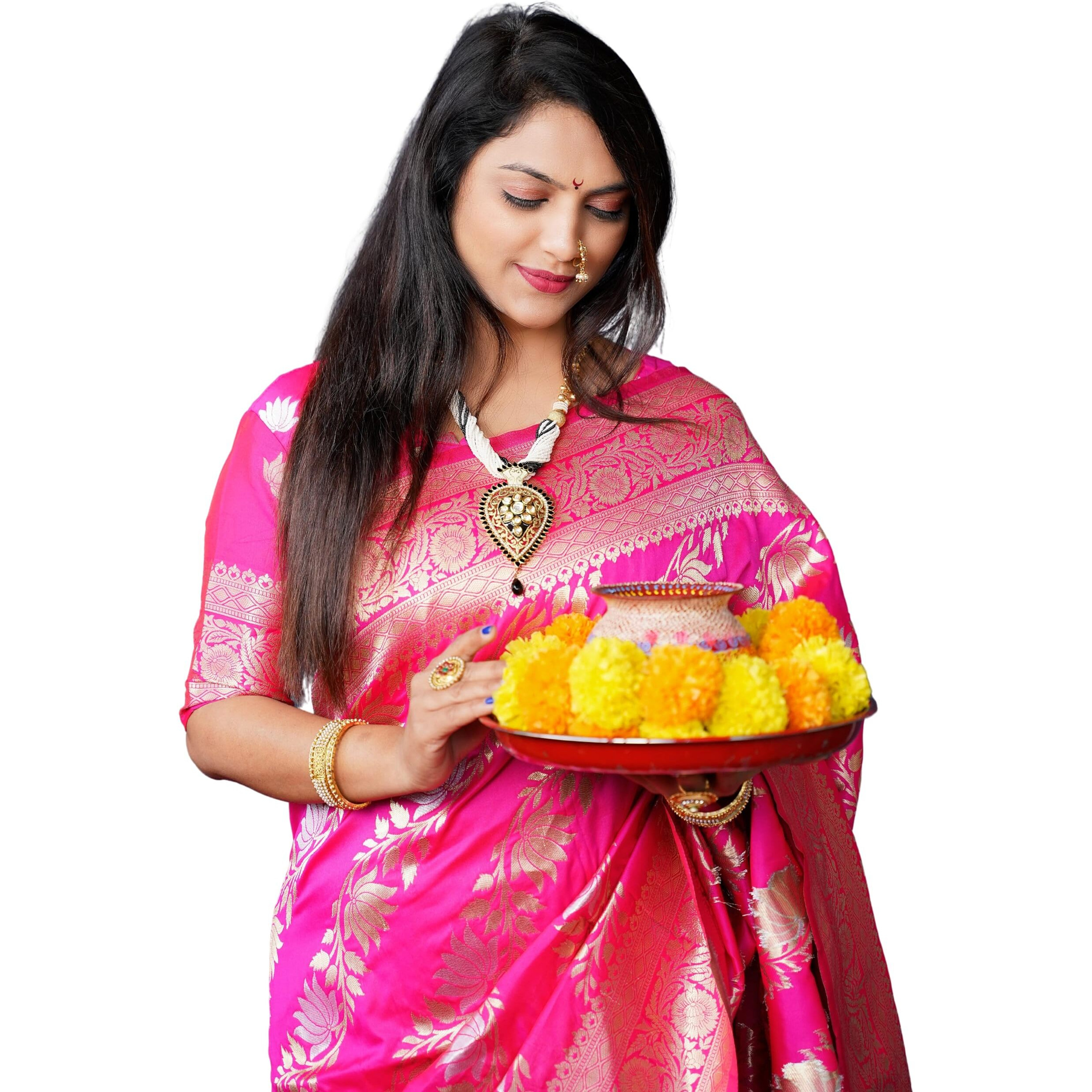 AMIRAT Womens Banarasi Silk With Woven Floral Zari Design Saree With Blouse Piece (Gulabo -2) (Pink)