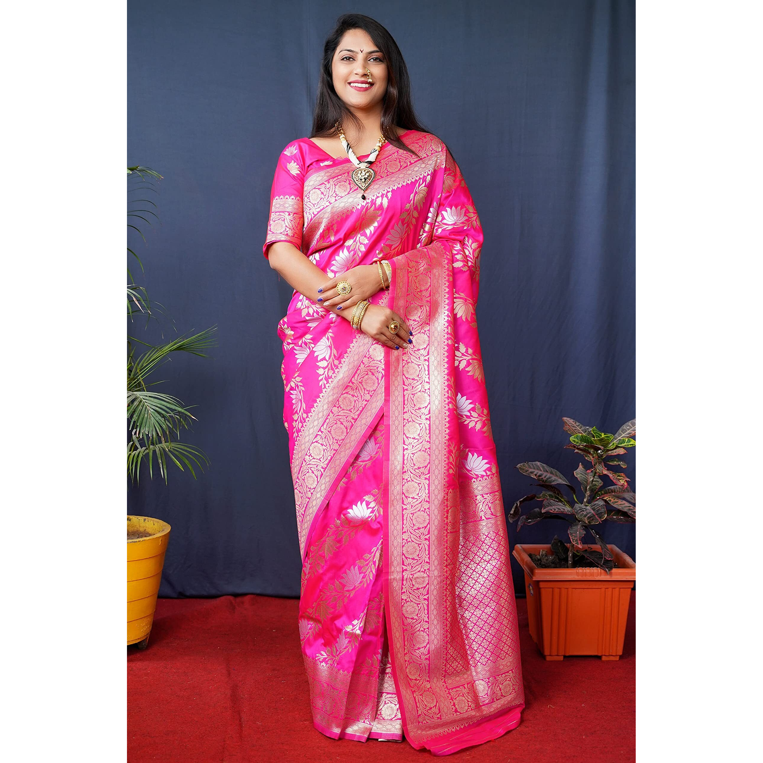 AMIRAT Womens Banarasi Silk With Woven Floral Zari Design Saree With Blouse Piece (Gulabo -2) (Pink)