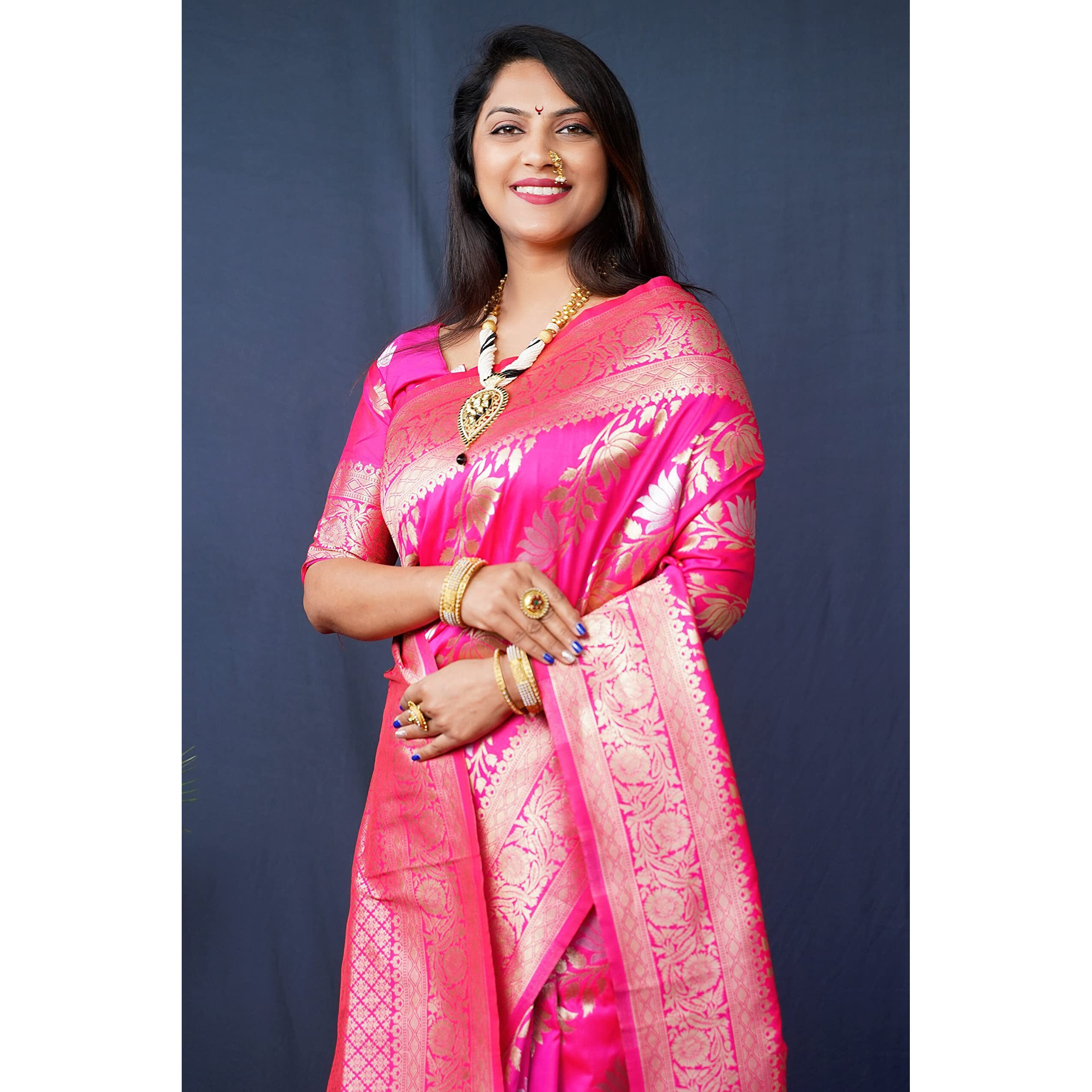 AMIRAT Womens Banarasi Silk With Woven Floral Zari Design Saree With Blouse Piece (Gulabo -2) (Pink)