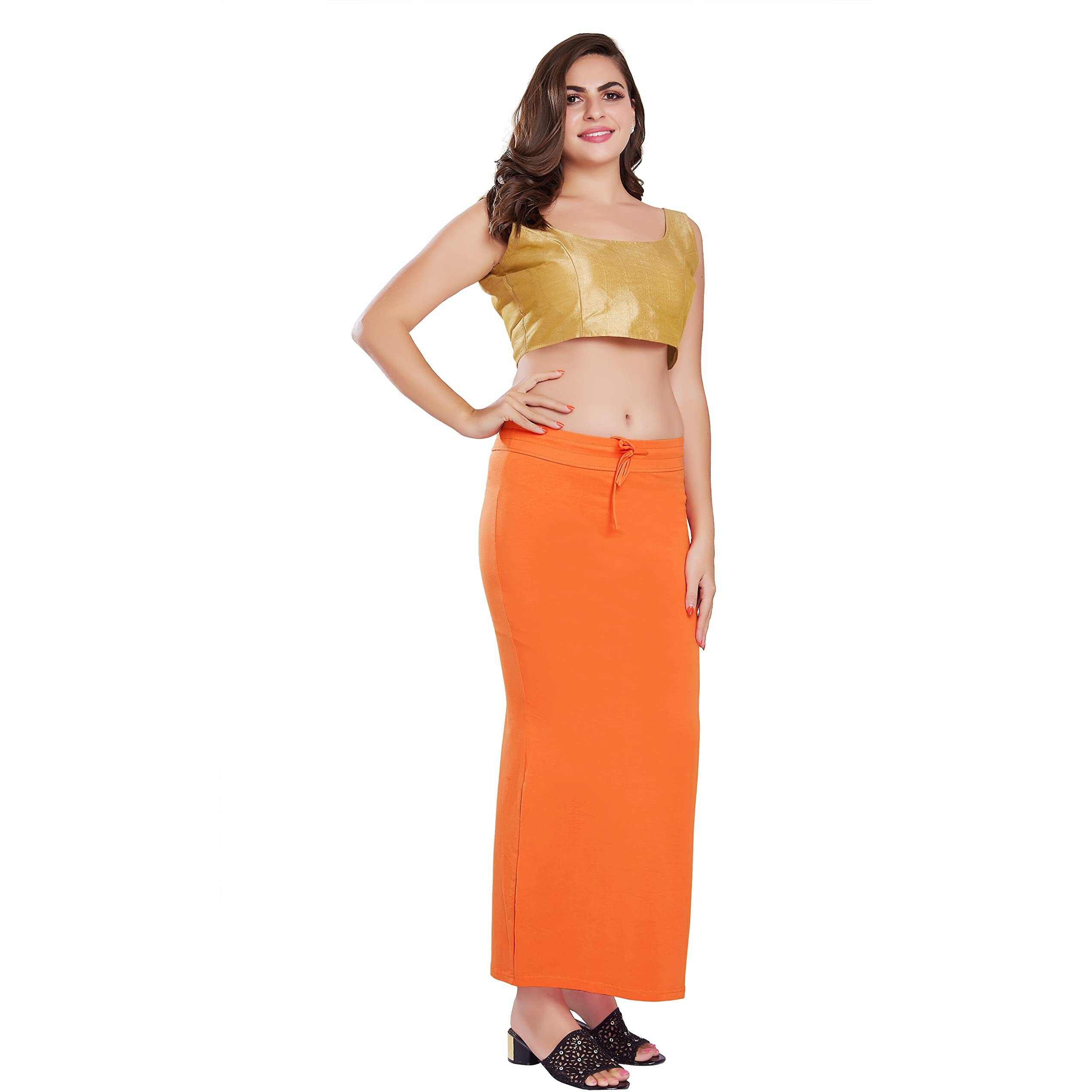 RANI SAAHIBA Womens Stretchy Slim Fishcut Petticoat Cotton Saree Shapewear(SHP41_L/XL_Lt. Orange)