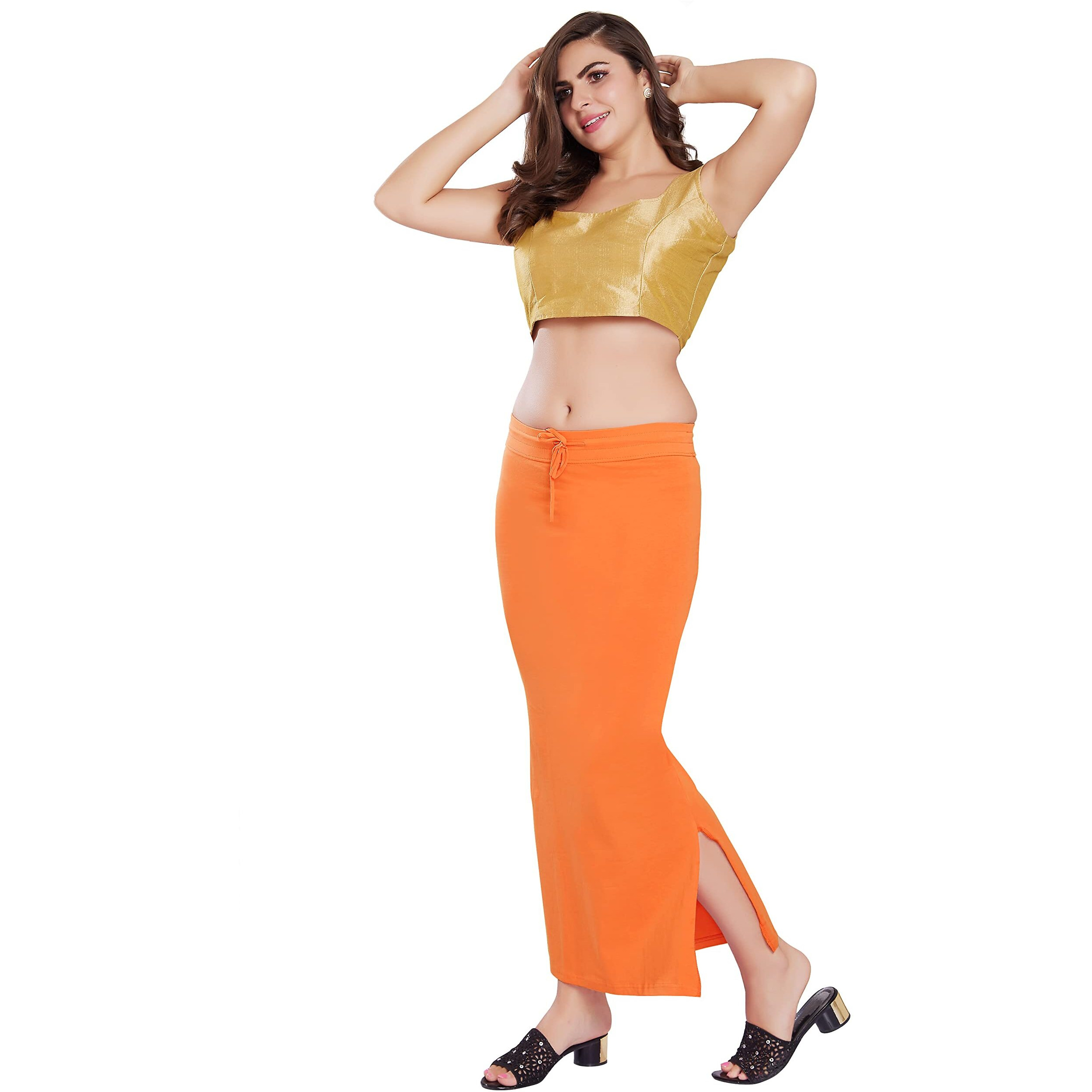 RANI SAAHIBA Womens Stretchy Slim Fishcut Petticoat Cotton Saree Shapewear(SHP41_L/XL_Lt. Orange)