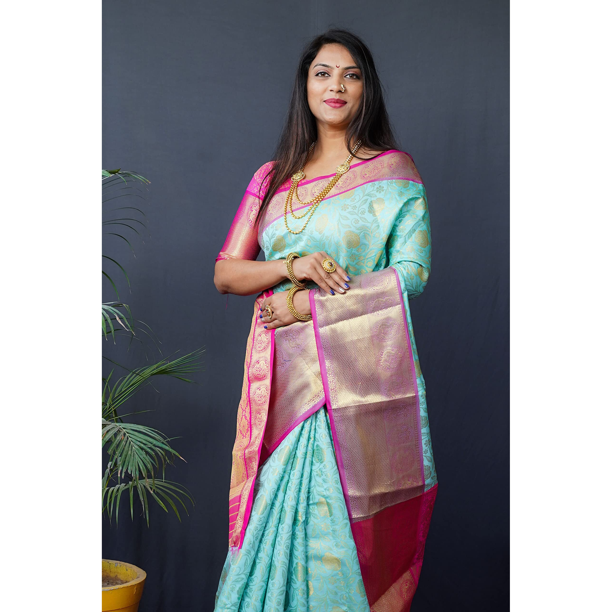 AMIRAT CLOTHING Banarsi Wedding And Designer Look Litchi Silk Saree With Unstiched Blouse Piece (Sea Green)