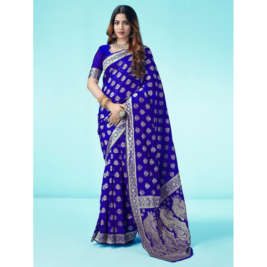 SAMAH Womens Art Silk Banarasi Jacquard Saree with Unstitched Blouse Piece (3409S104N_Royal Blue & Gold)