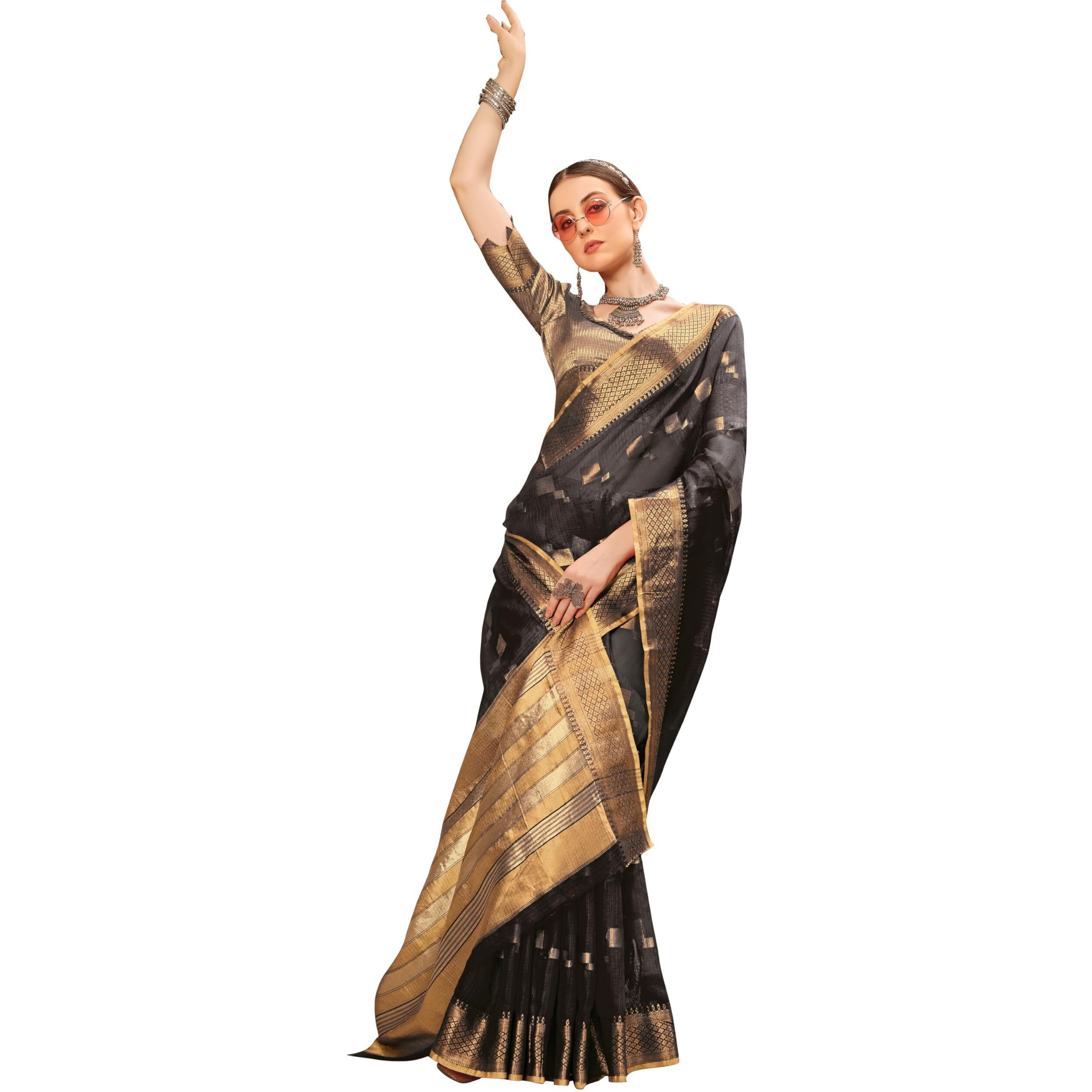 EthnicJunction Womens Cotton Silk Woven Saree With Blouse Piece (EJ7094-Suchita-Black_Black)