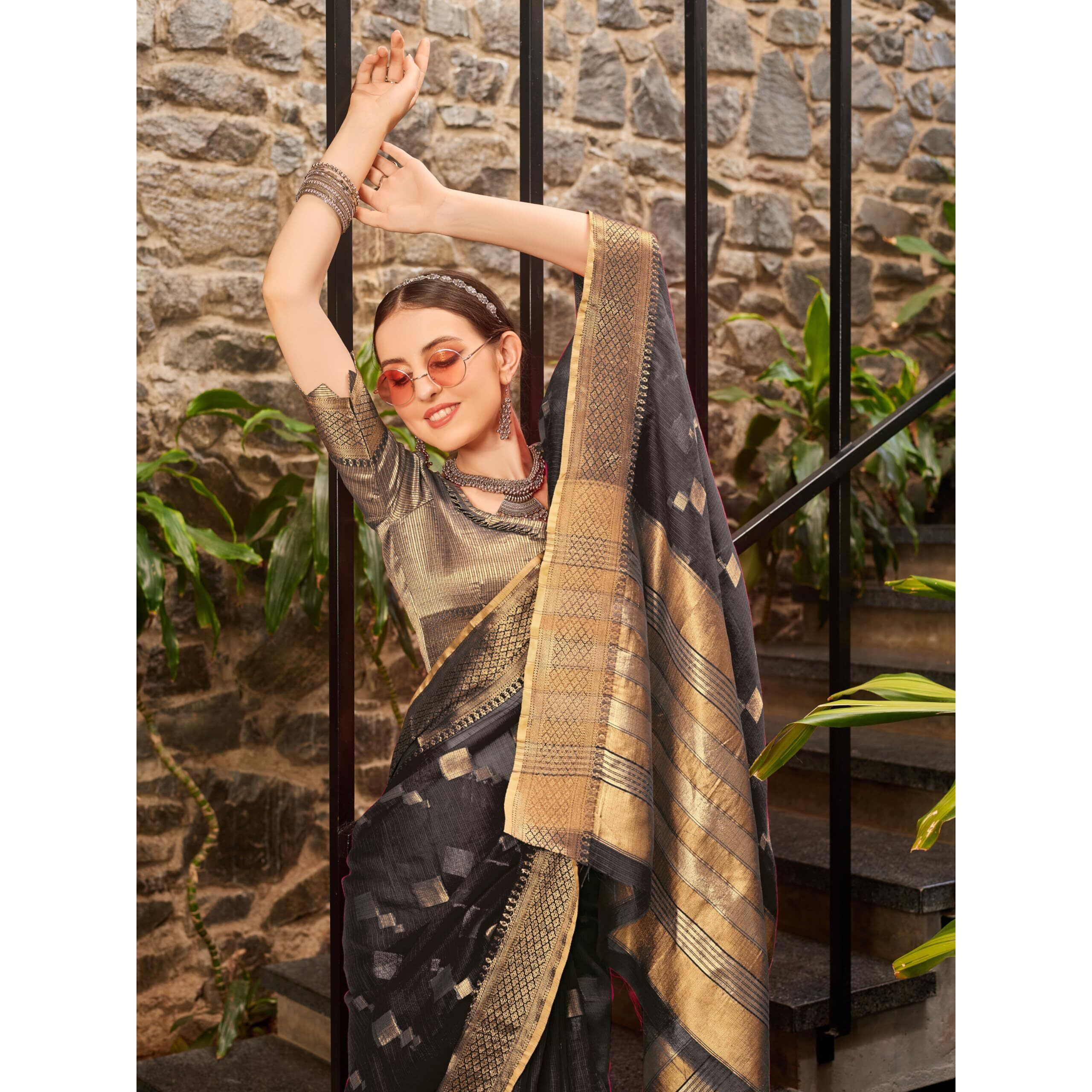 EthnicJunction Womens Cotton Silk Woven Saree With Blouse Piece (EJ7094-Suchita-Black_Black)