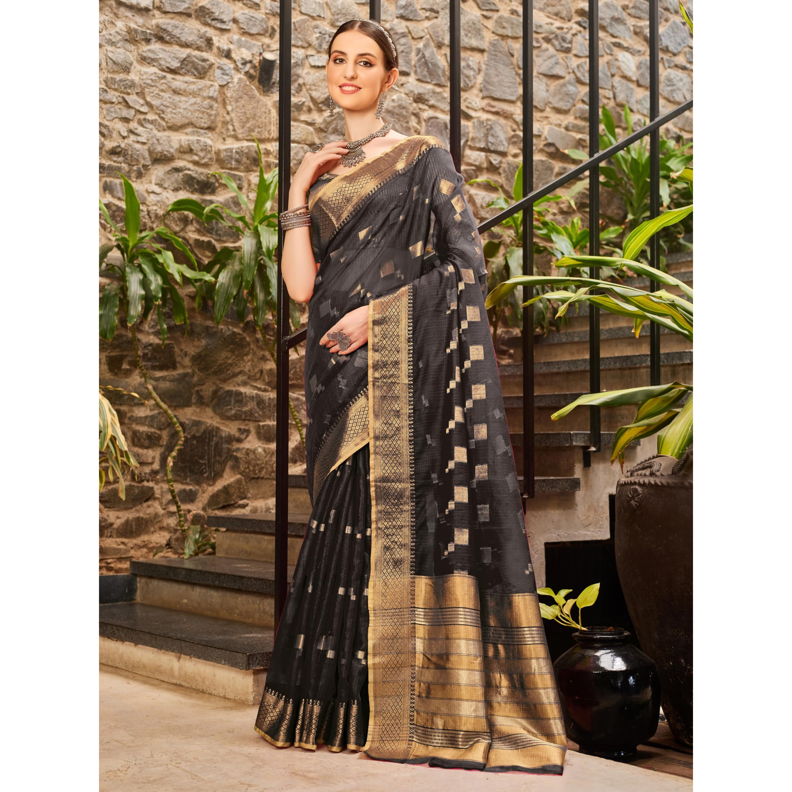 EthnicJunction Womens Cotton Silk Woven Saree With Blouse Piece (EJ7094-Suchita-Black_Black)