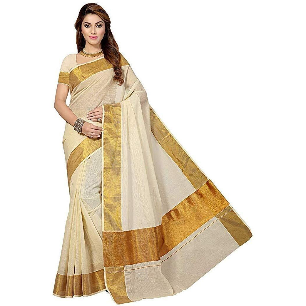 Maxis Womens Kasavu Cotton Silk Blended Saree With Blouse Piece (KRLPLN_BGBDR_Off-White)