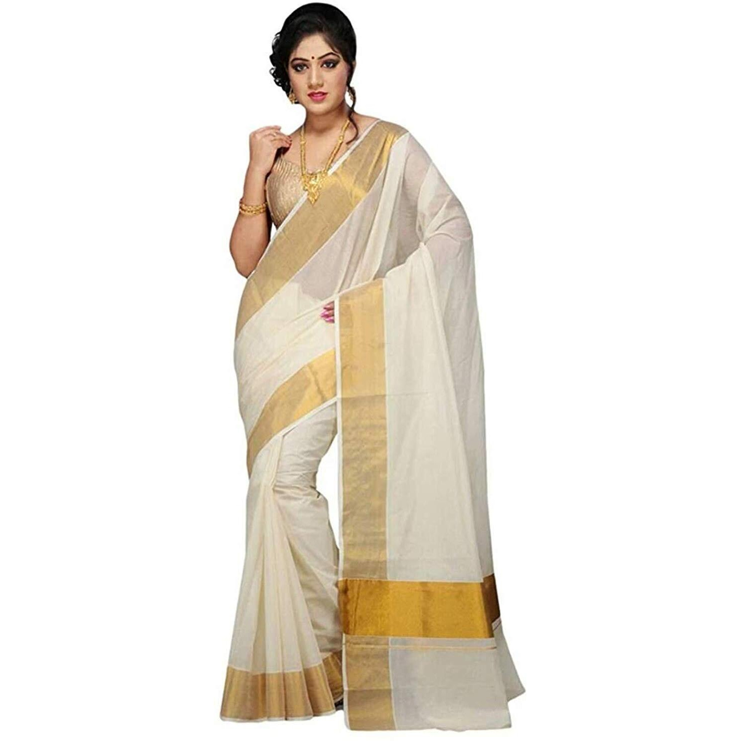 Maxis Womens Kasavu Cotton Silk Blended Saree With Blouse Piece (KRLPLN_BGBDR_Off-White)