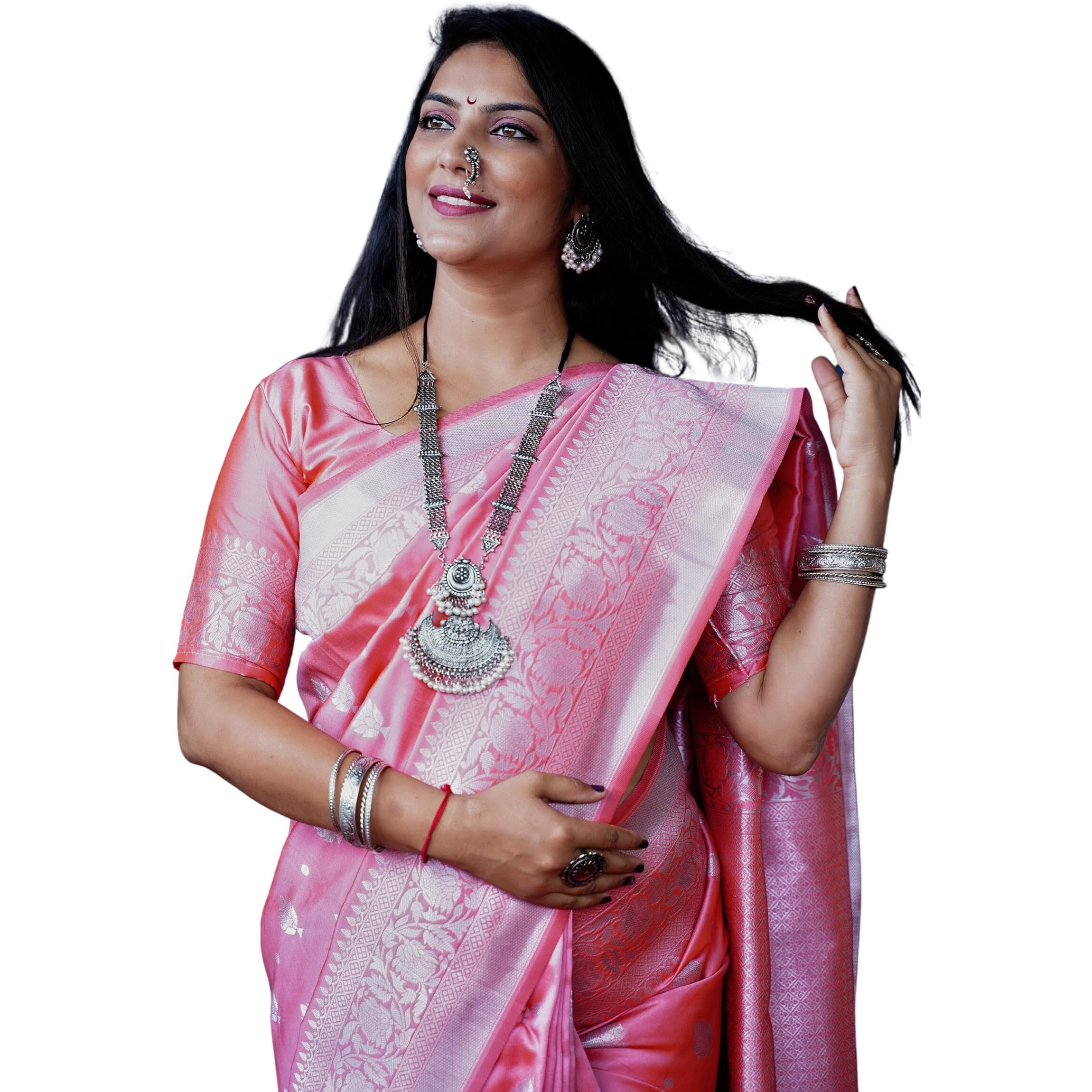 AMIRAT Womens Banarasi Pure Soft Silk Handloom Saree Pure Silver Zari With Blouse Piece (Peach)