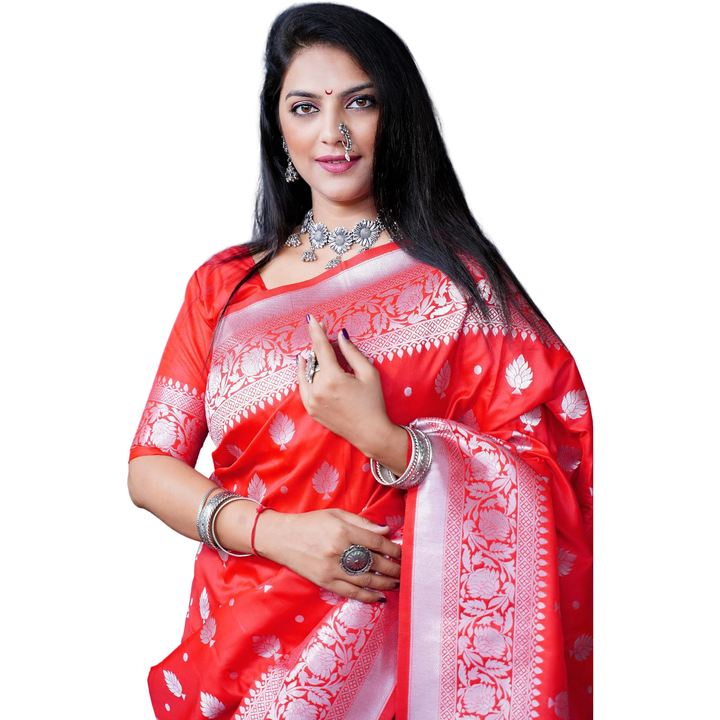 AMIRAT Womens Banarasi Pure Soft Silk Handloom Saree Pure Silver Zari With Blouse Piece (Red)