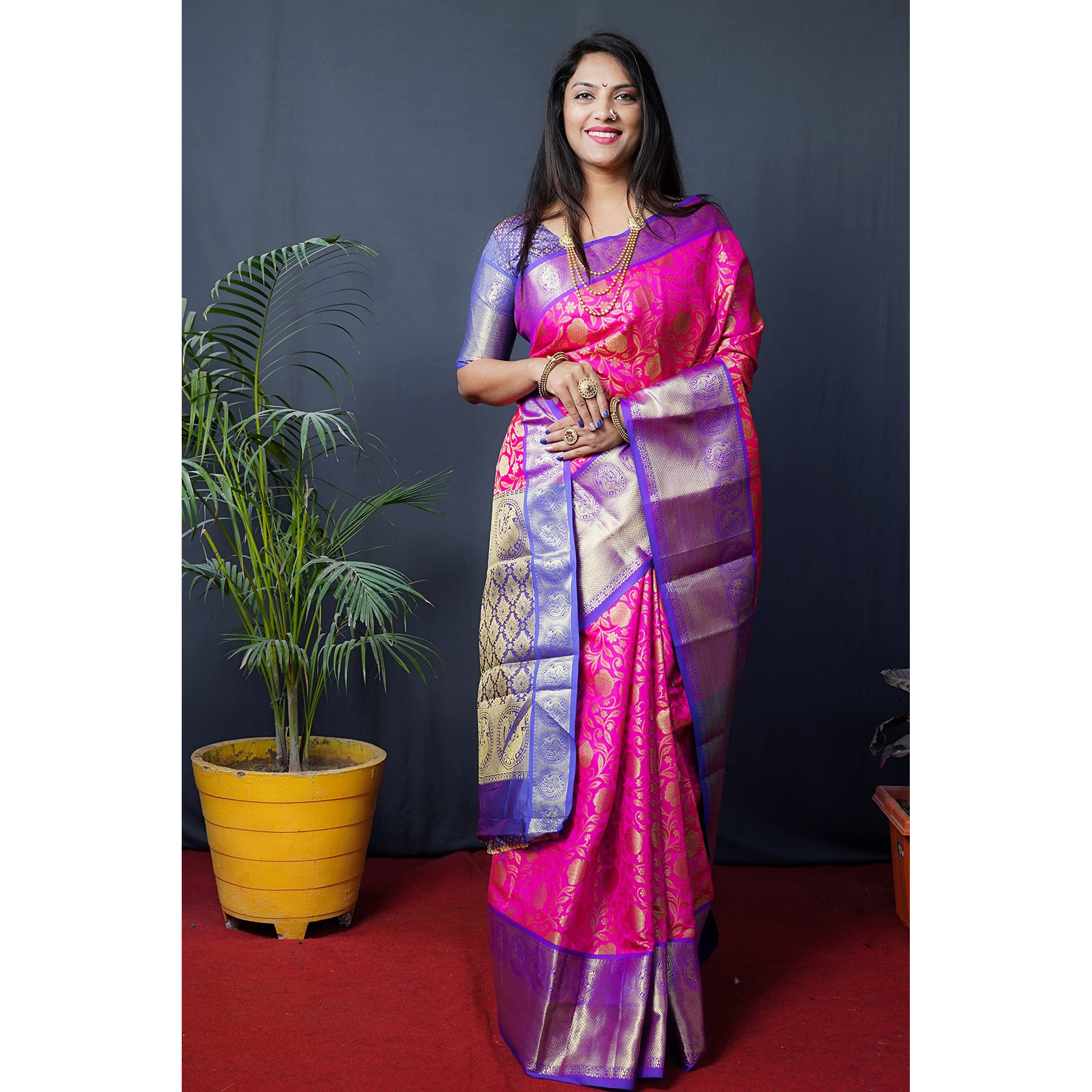 AMIRAT CLOTHING Banarsi Wedding And Designer Look Litchi Silk Saree With Unstiched Blouse Piece (Pink)