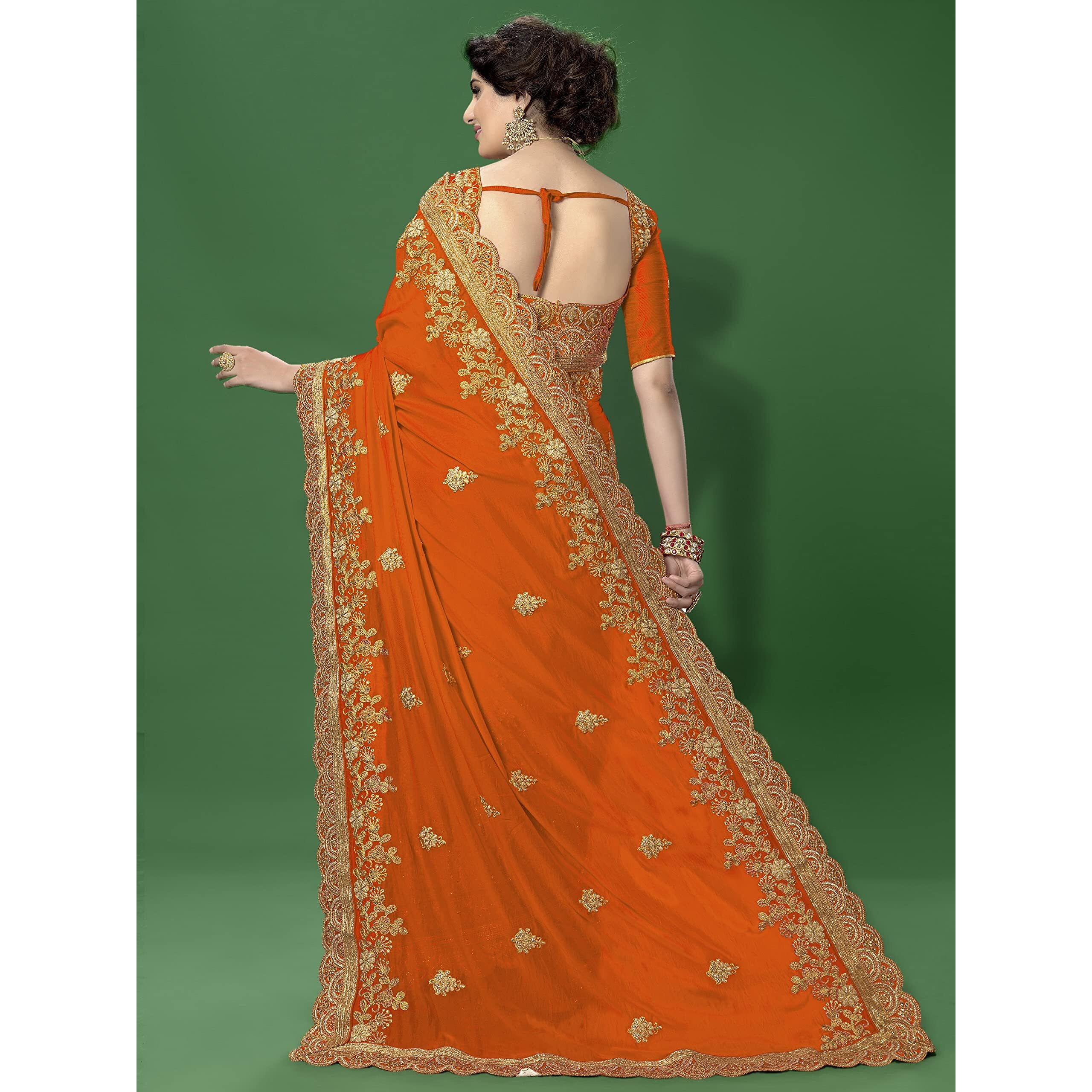 TRENDMALLS Womens Silk Satin Embroidery Half n Half Saree with Blouse Piece (K810-Orange)