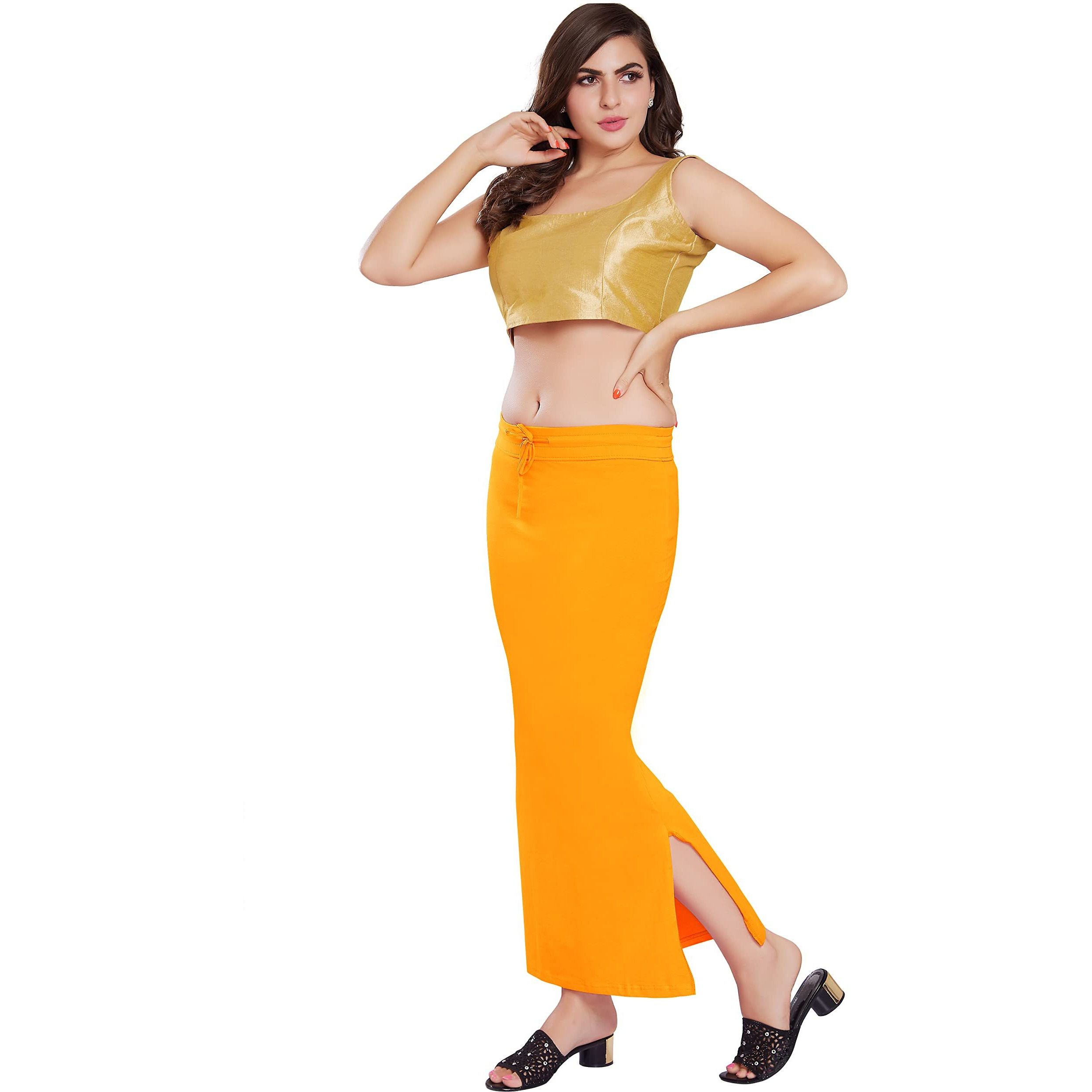 RANI SAAHIBA Womens Stretchy Slim Fishcut Petticoat Cotton Saree Shapewear(SHP15_L/XL_G. Yellow)