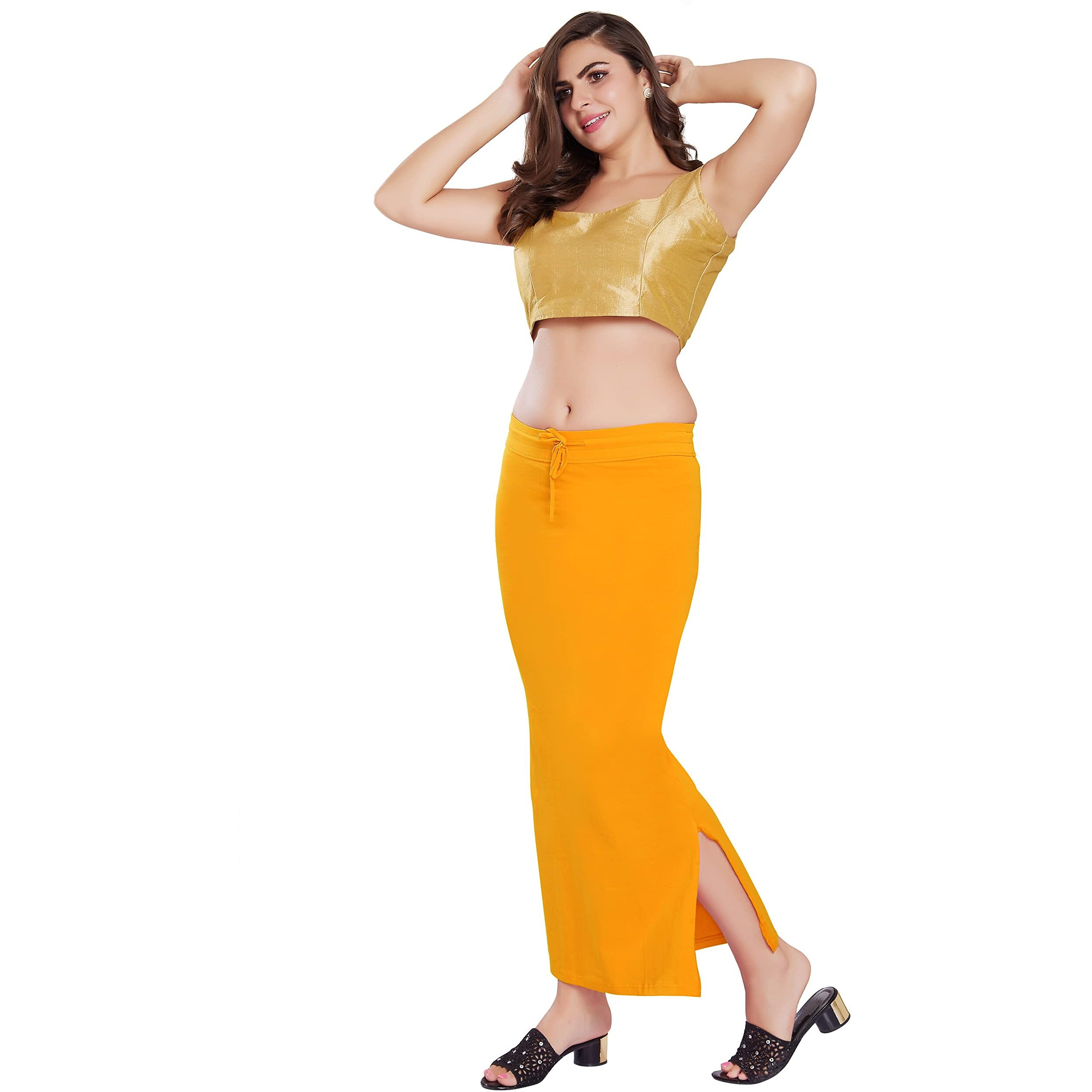 RANI SAAHIBA Womens Stretchy Slim Fishcut Petticoat Cotton Saree Shapewear(SHP15_L/XL_G. Yellow)