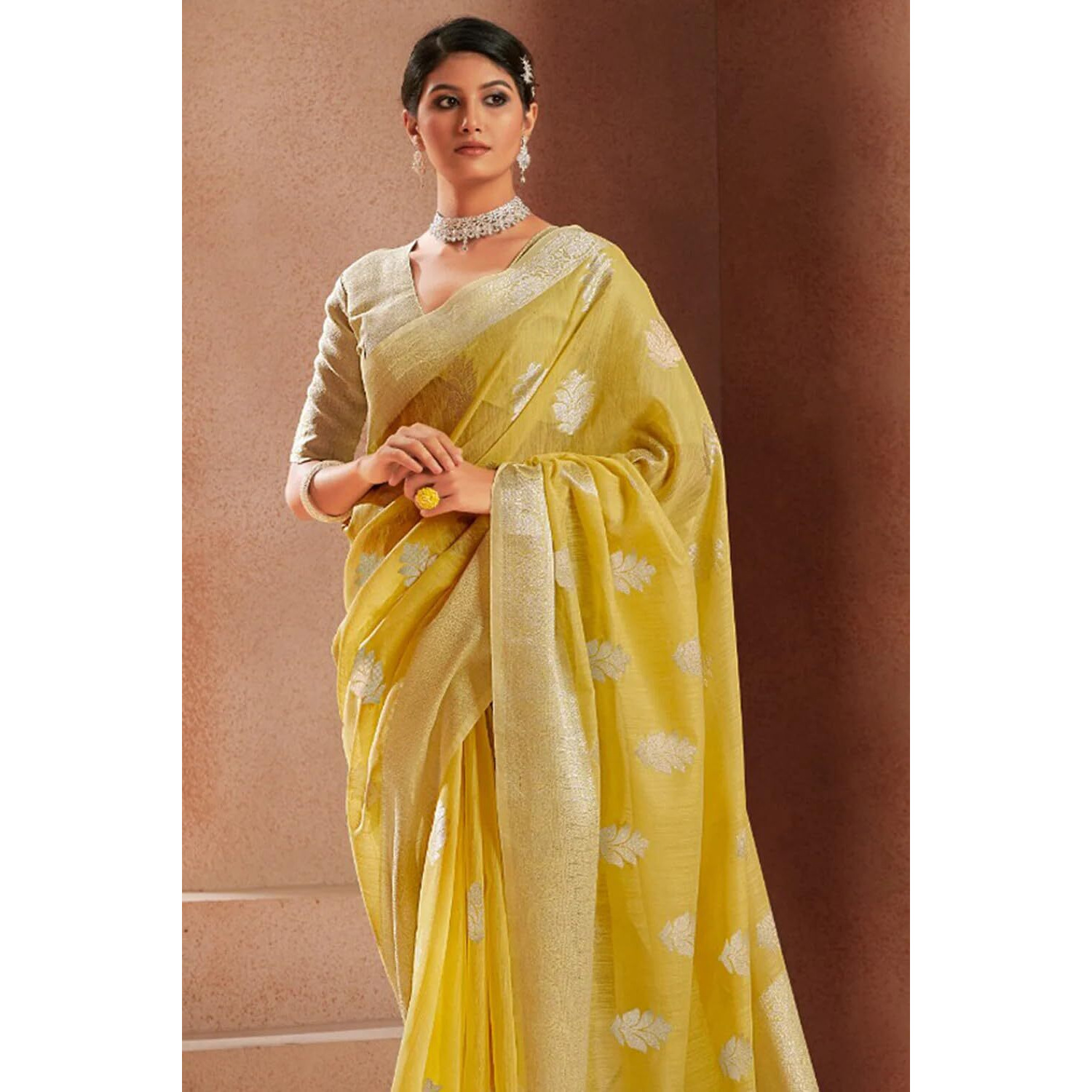 SWORNOF Womens Pure Silk Saree With Blouse Piece (YELLOW)