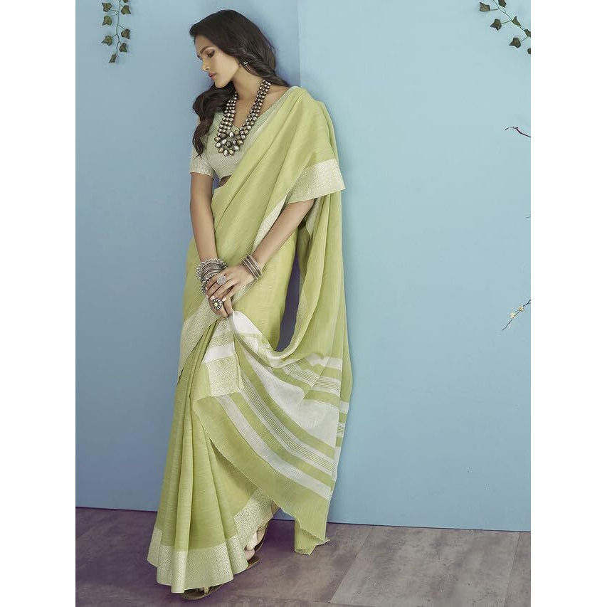 Satrani Womens Cotton Self Woven Saree with Unstitched Blouse Piece (3095S735N_Pista Green & White)