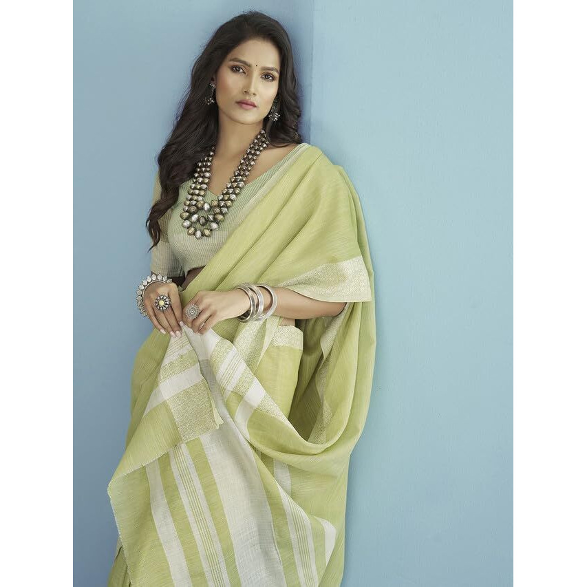 Satrani Womens Cotton Self Woven Saree with Unstitched Blouse Piece (3095S735N_Pista Green & White)