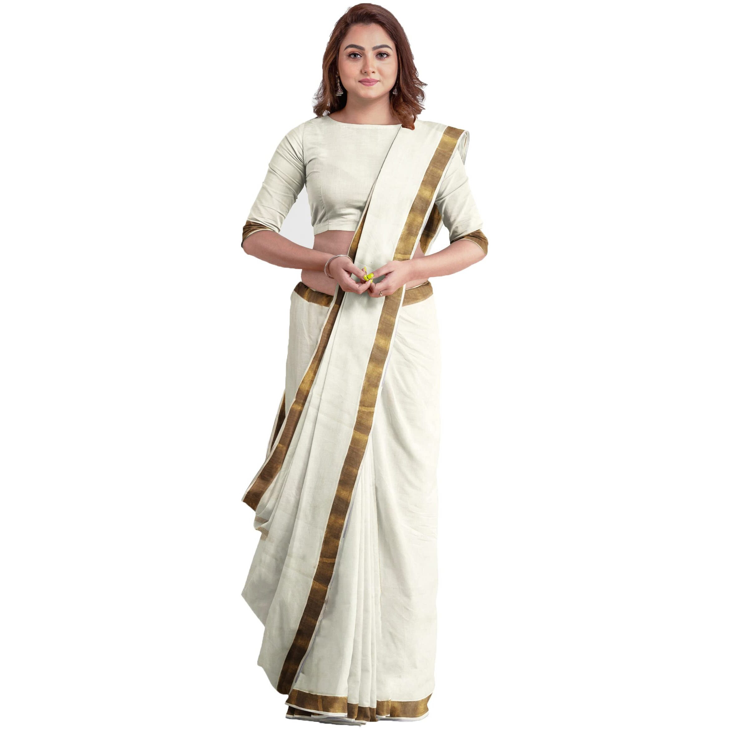 TEXATION Womens Kerala Kasavu Plain Cotton Saree With Running Blouse Piece (100% Cotton) (Saree 5.5 meter, Blouse 0.8 meter) (Gold)