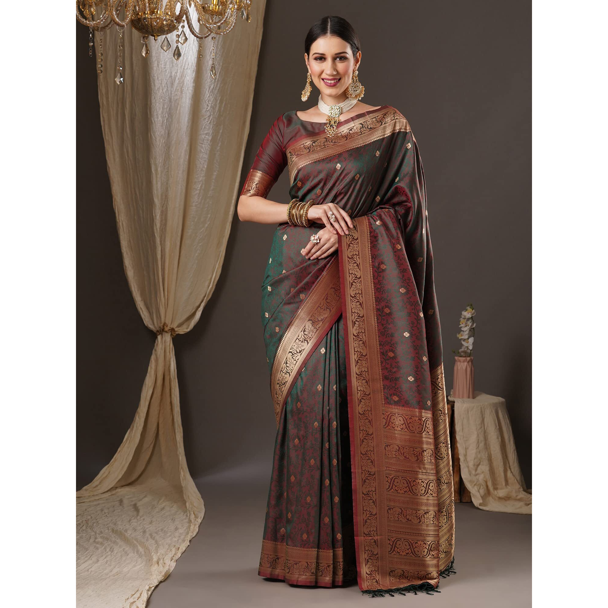 AKHILAM Womens Botanical Silk Blend Woven Design Saree With Unstitched Blouse Piece (Brown_13PAKHI1404)